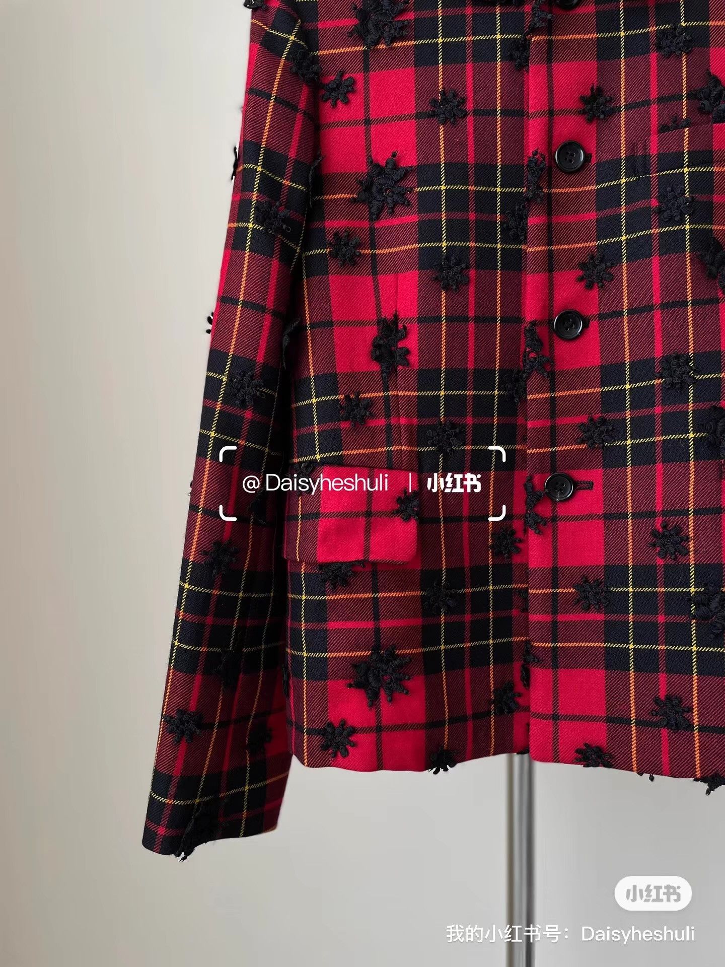 Comme des Garcons CDG Comcom Red Plaid Floral Embroidery Round Neck Blazer Ｑ24 Size XS / US 0-2 / IT 36-38 - 2 Thumbnail
