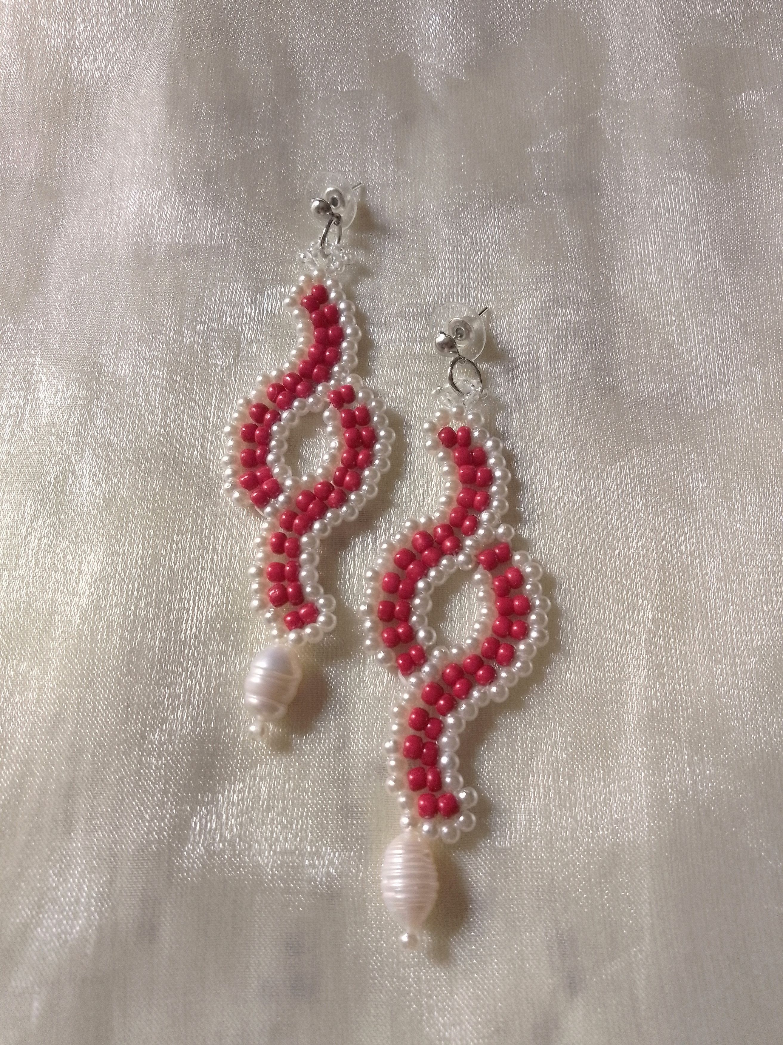 Handmade Long earrings red beaded with Freshwater pearls dangling Size ONE SIZE - 7 Thumbnail
