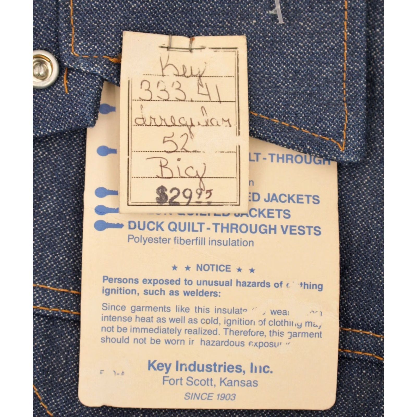 Vintage VTG Key Denim Jacket 2XL 52 Big & Tall 1970s Blue Denim Jacket Mens 70s Jean Jacket US Origin NOS Vintage Jacket Size US 36 / EU 52 - 4 Thumbnail