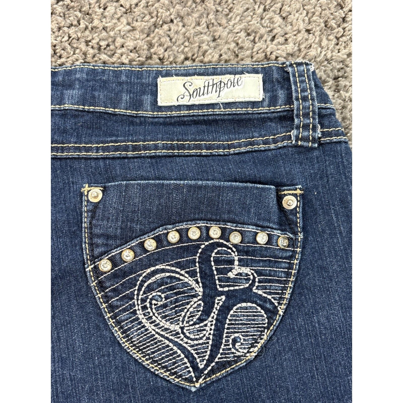 Southpole VINTAGE South Pole Denim Short Shorts Womens 11 Pocket Low Rise 90s Y2K Rhinestone Dark Wash Blue 100% Cotton Cut-Off Festival Beach Casual Women Size 32" / US 10 / IT 46 - 2 Thumbnail