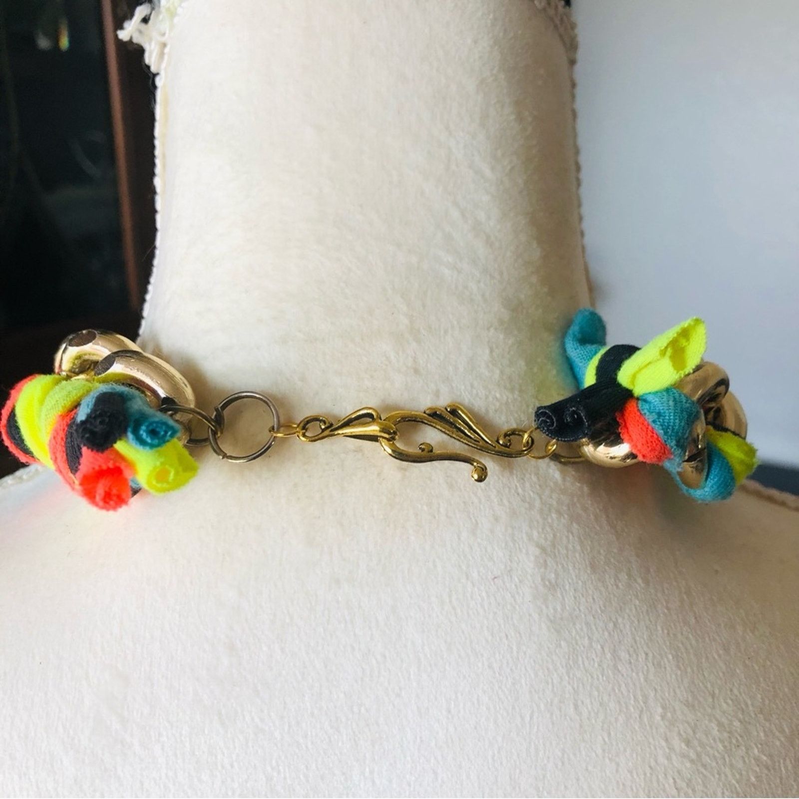 Handmade Hand crafted colorful ribbon braided gold chain necklace Size ONE SIZE - 6 Thumbnail