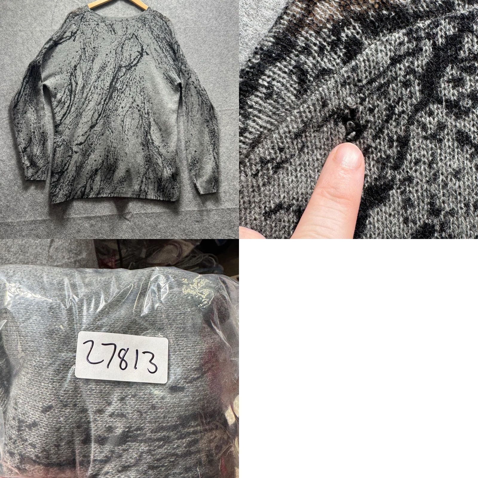 Kokun Sweater Womens Large Gray Abstract Print Knit Pullover Relaxed Hi Low Hem
