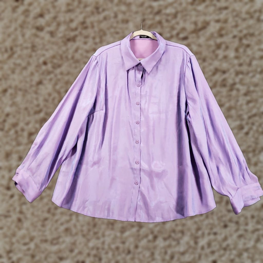 Shein SheIn Curve Blouse 4XL Womens Tunic Lavender Iridescent Button Up Collared Long Sleeve Classic/Fitted Sleeve Polyester, Viscose Purple 4XL Plus Size Size XXL / US 16-18 / IT 52-54 - 1 Thumbnail
