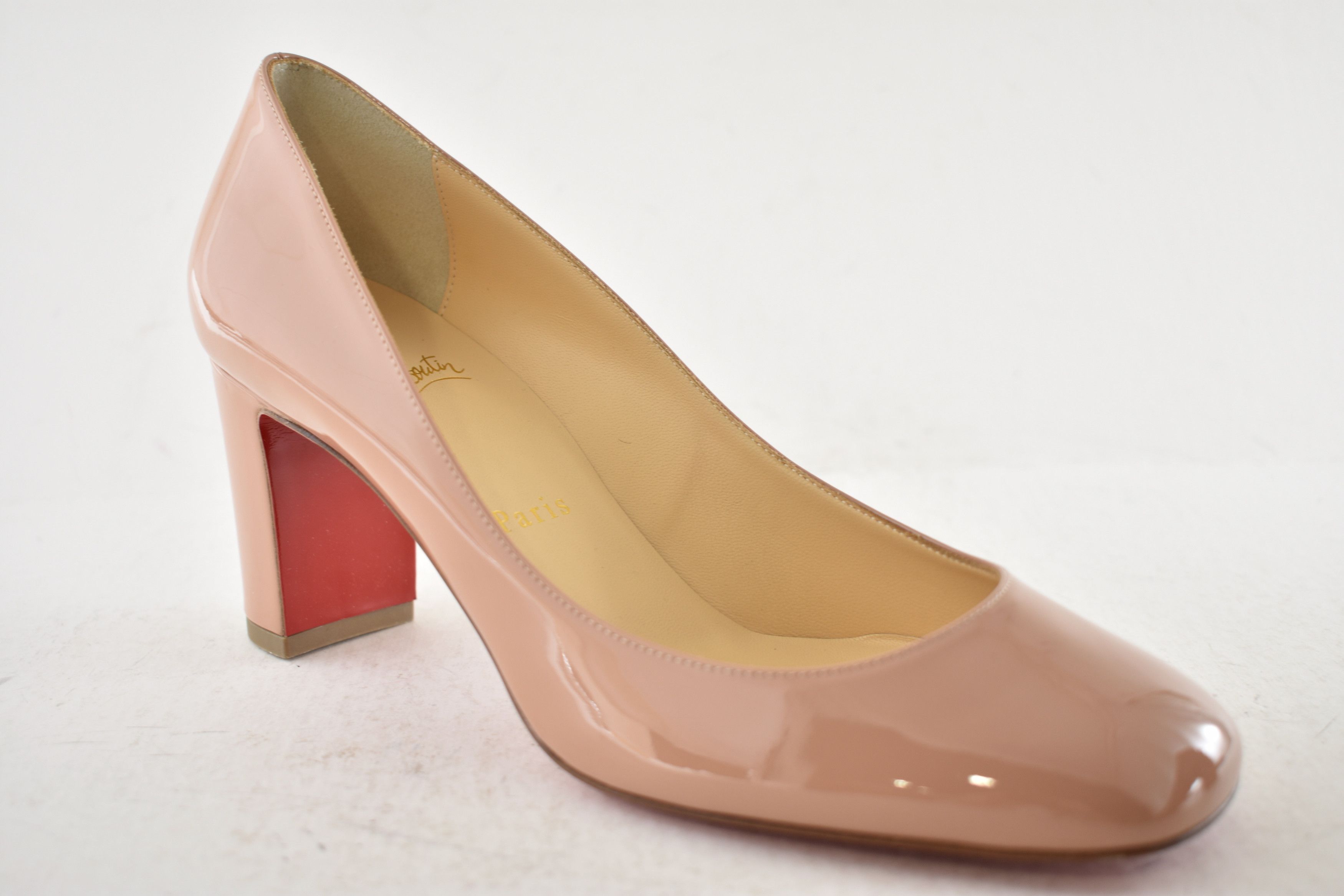 Christian Louboutin Cadrilla 70 Nude Blush Patent Leather Block Heel Pump 40 Size US 10 / IT 40 - 6 Thumbnail