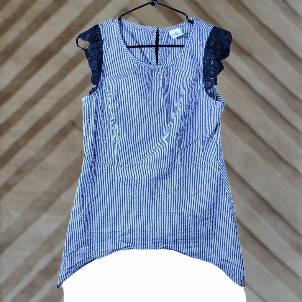 Vintage CAbi Blouse Blue White Striped Crew Flutter Lace Sleeve Peplum Stretch S Womens Shirt Size S / US 4 / IT 40 - 1 Thumbnail