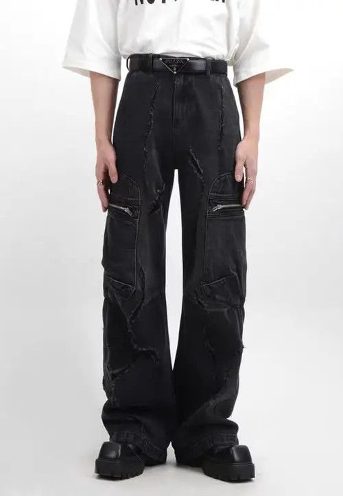 VIBE Retro raw edge washed distressed wide leg jeans Size US 32 / EU 48 - 1 Thumbnail