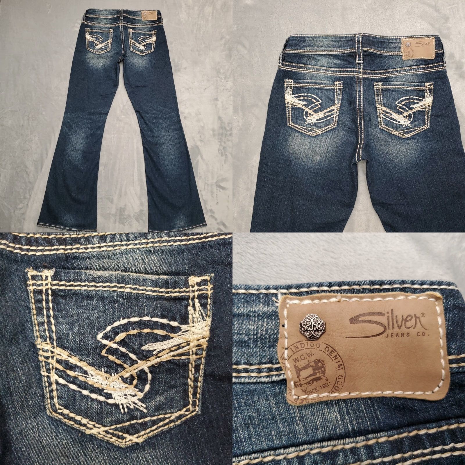 Silver Jeans Co. VINTAGE Silver Jeans Womens 26x31 Lola Bootcut Stretch Thick Stitch Cowboy Jeans Blue Solid Denim Inseam 31in Pockets Belt Loops Mens Women Girls Size 26" / US 2 / IT 38 - 8 Thumbnail