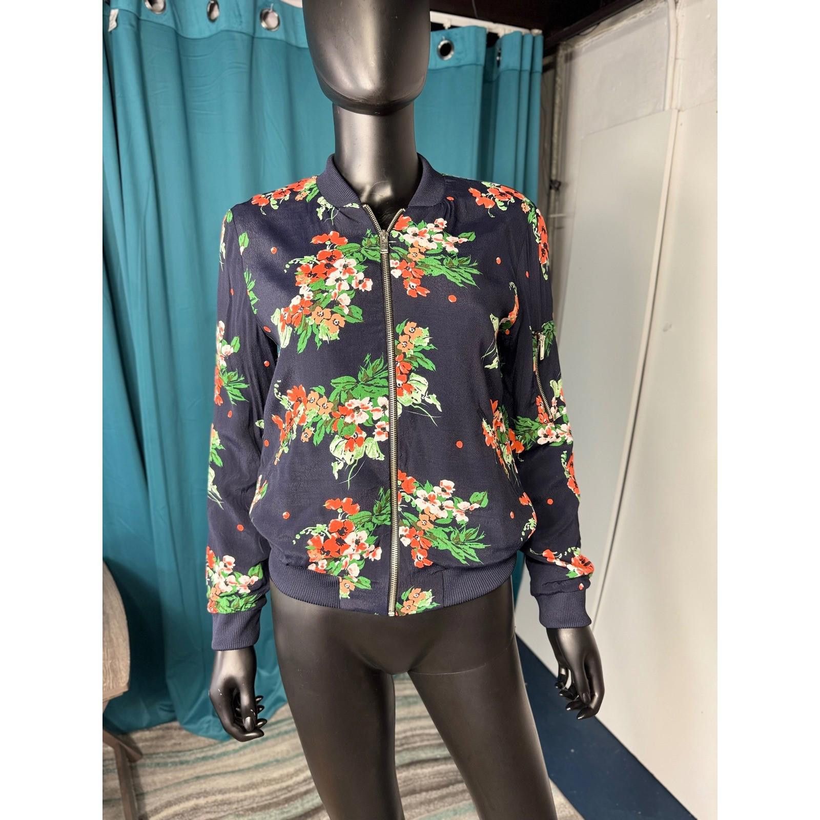 Other Zara Basic Floral Bomber Jacket Size XS Navy Blue Orange Size XS / US 0-2 / IT 36-38 - 1 Thumbnail