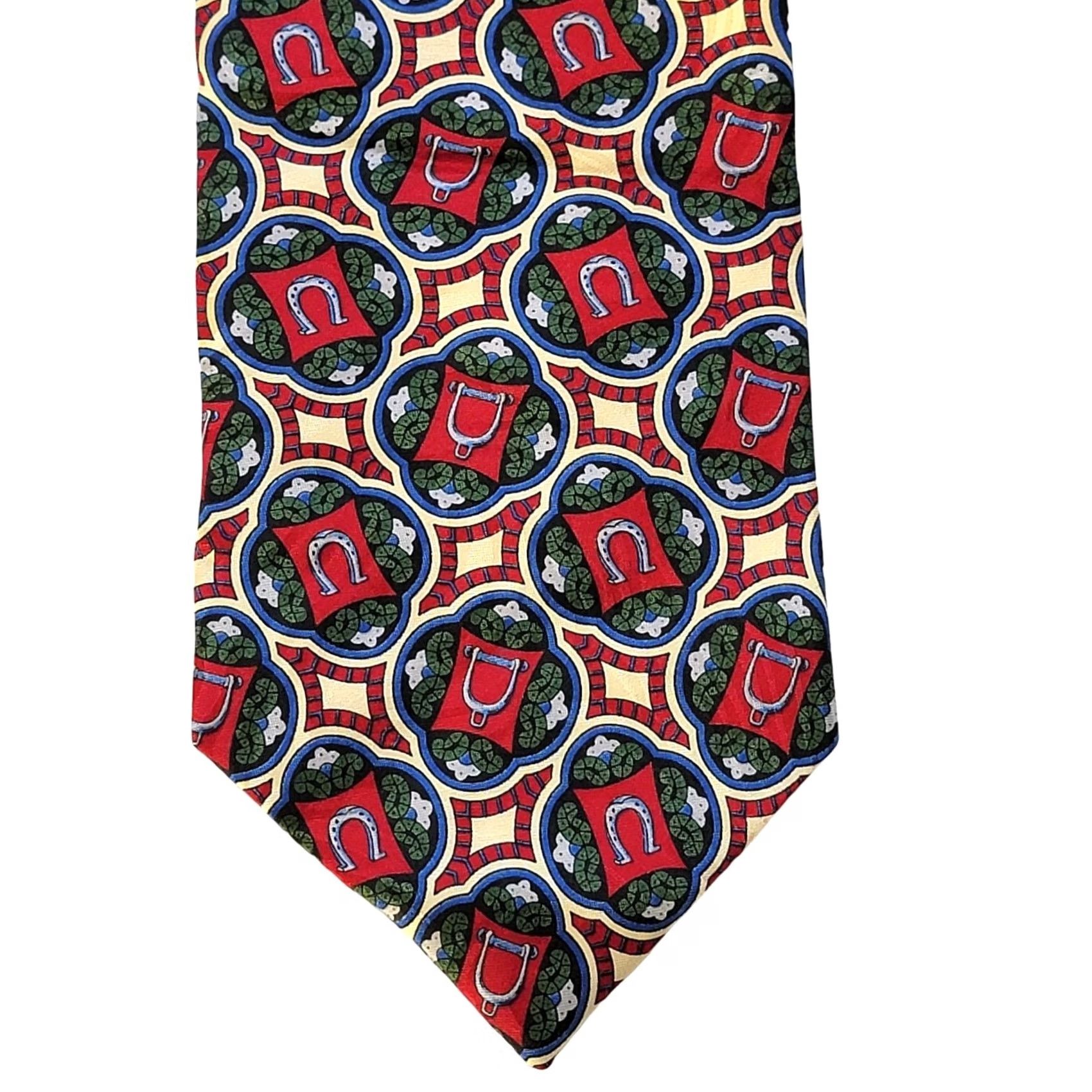 Vintage Vitalit Mens Silk Dress Tie Lucky Horseshoes Red Green Made In Italy 58 X 4 One Size Satin Graphic Tie Business Office Career Formal Size ONE SIZE - 2 Thumbnail