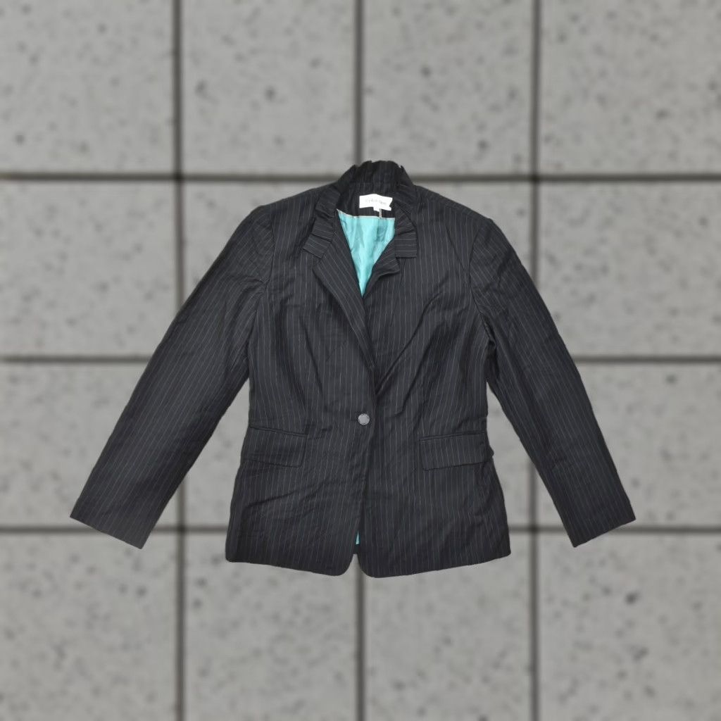 Calvin Klein Calvin Klein Blazer Women Size 6 Black Pinstripe Single Button Teal Lining Pro Medium-Length" Size M / US 6-8 / IT 42-44 - 1 Thumbnail
