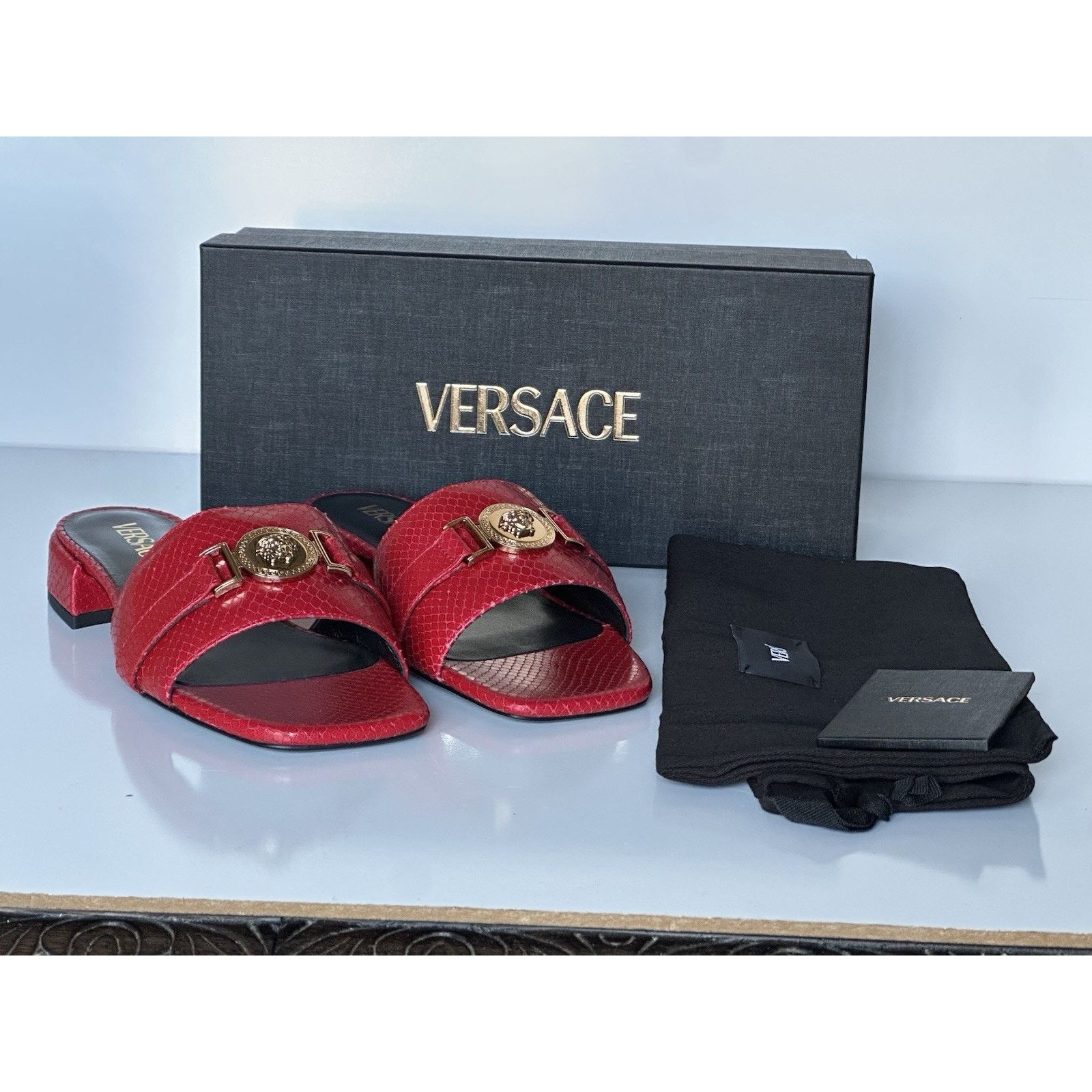 Versace VERSACE Gold Medusa Women's Dark Red Sandals 9 US 1014748 Size US 9 / IT 39 - 15 Thumbnail
