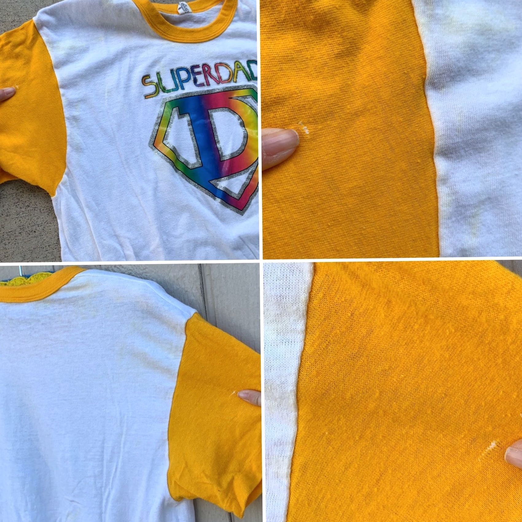 Hanes VINTAGE Hanes Iron On Tee Shirt Rainbow SUPERDAD Yellow Sleeves Ringer Neck 70s L Mens Size US L / EU 52-54 / 3 - 6 Thumbnail