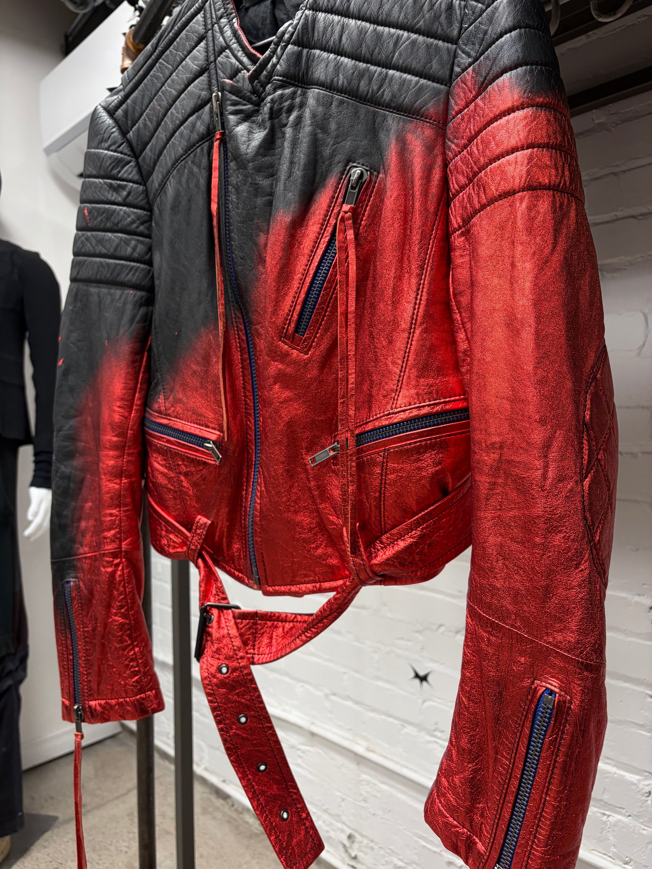Haider Ackermann SS2017 Haider Ackermann Runway ‘Spray Painted’ Black/Red Gradient Leather Moto Jacket Size US M / EU 48-50 / 2 - 2 Thumbnail