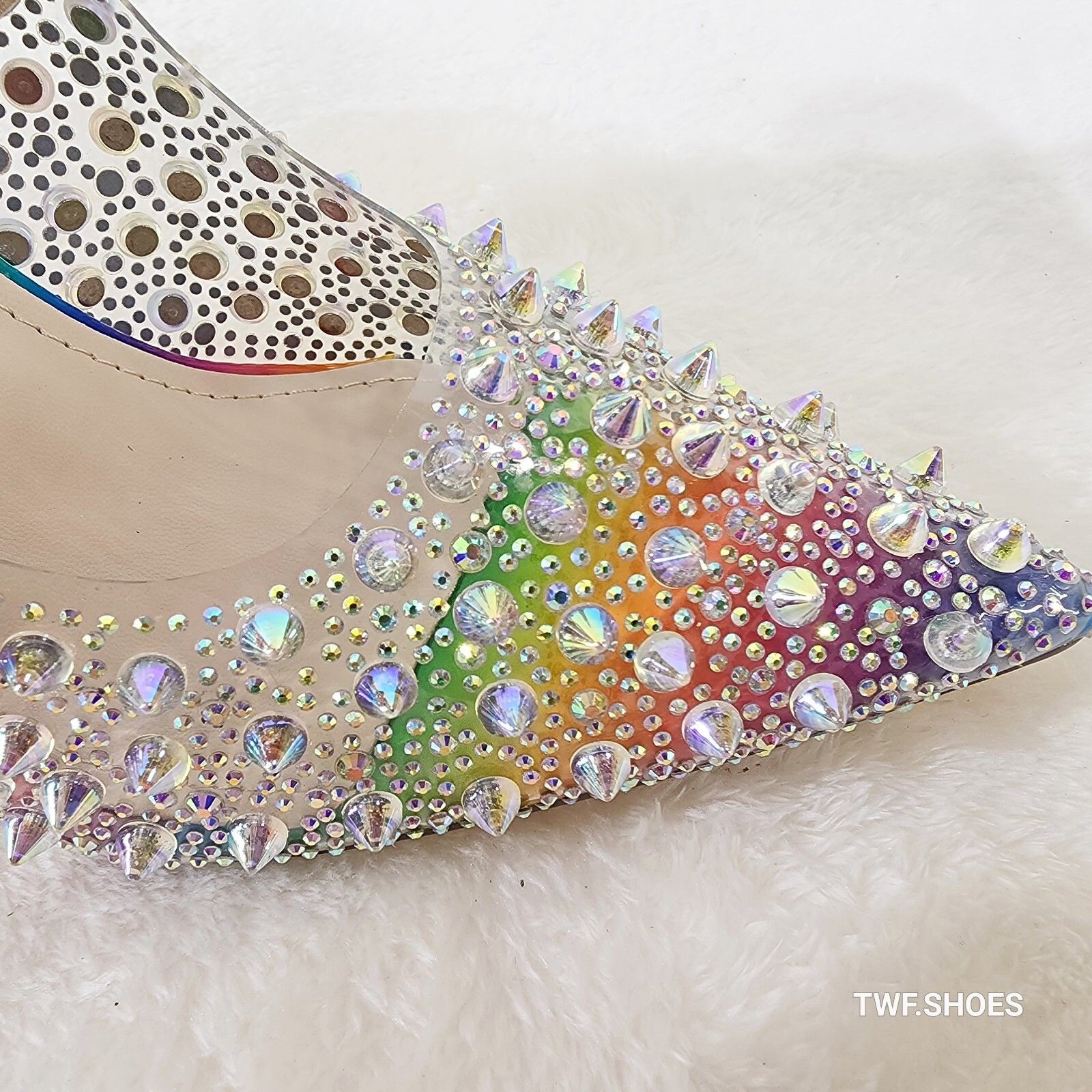 Spicy Stiletto PVC Clear Pumps Rainbow Studs & Rhinestone Pu