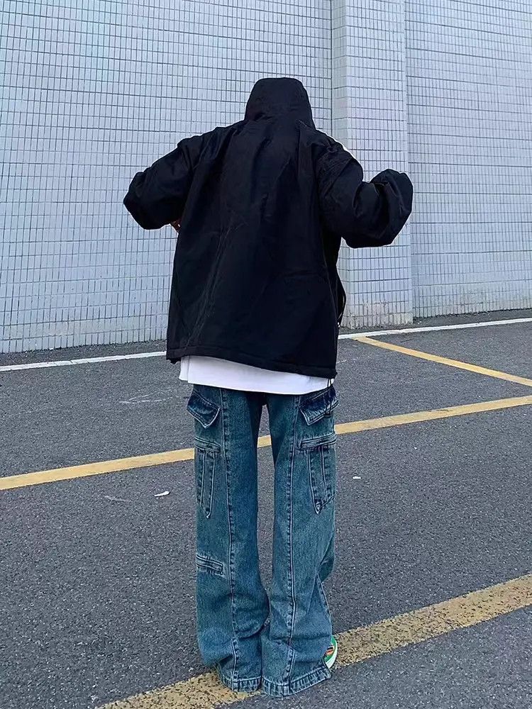 High street multi-pocket zipper work jeans
