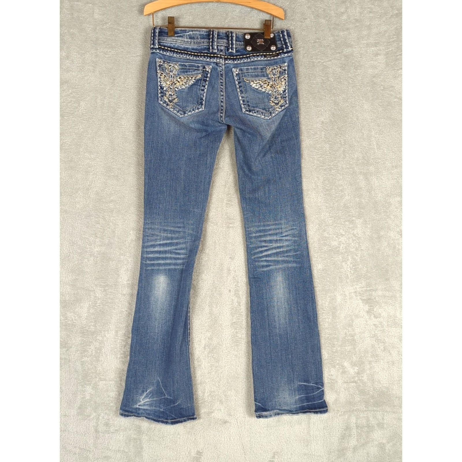 Miss Me Miss Me Jeans Womens 26 Blue Bootcut Denim Low Rise Medium Wash Rhinestone Studded Distressed Flawed Size 26" / US 2 / IT 38 - 4 Thumbnail