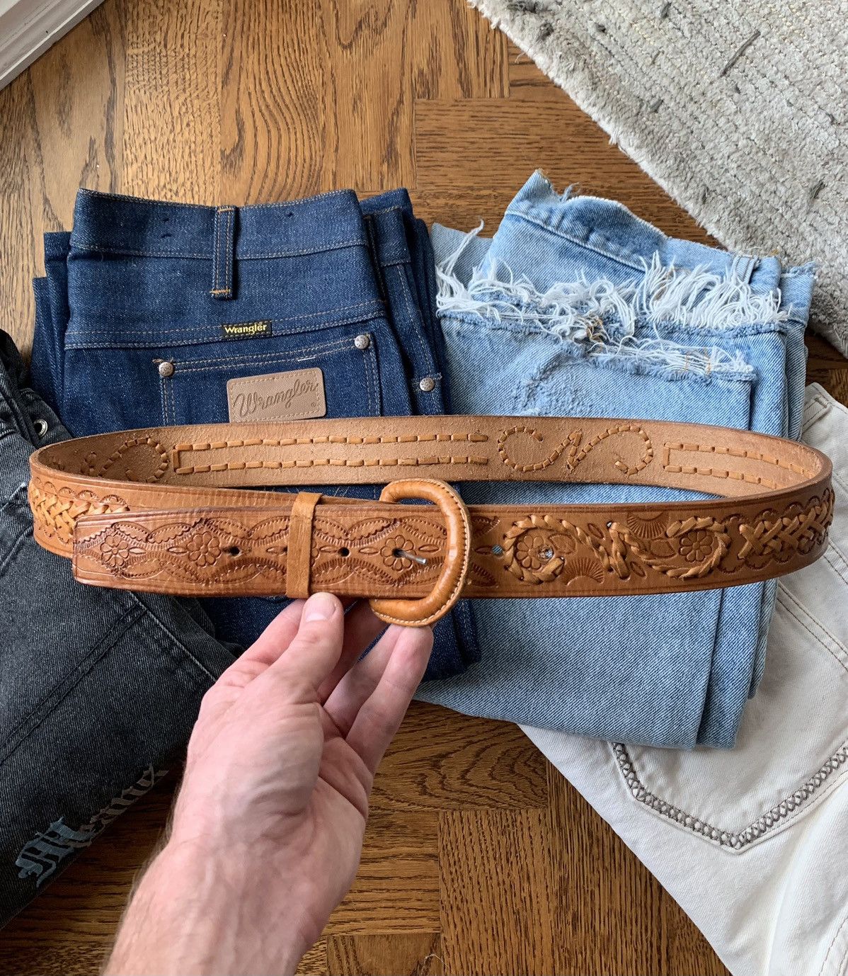 1970s Tooled Leather Belt Vintage Weave 70s Big XL 40 Hippie