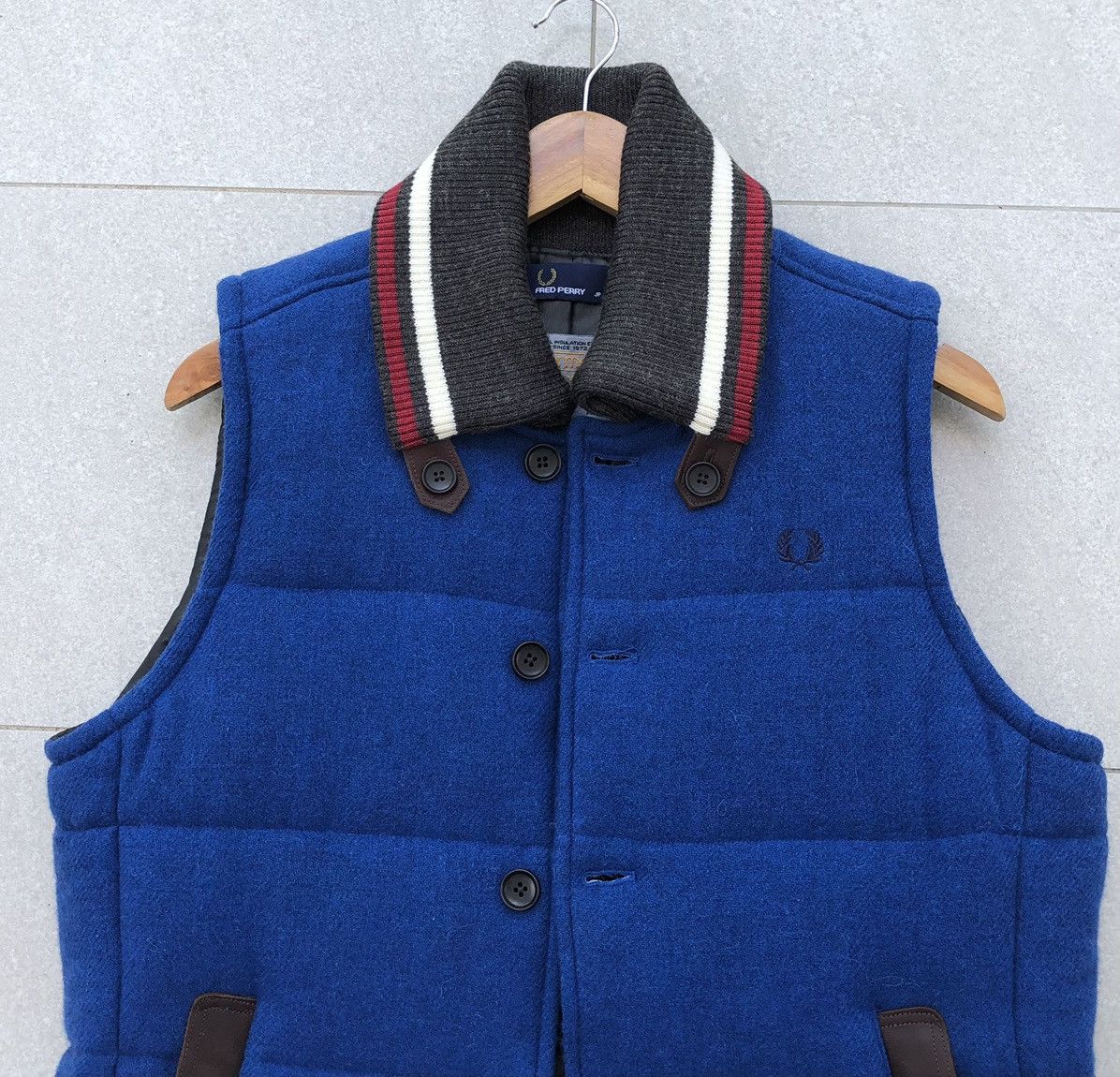 Fred Perry FRED PERRY Thermore Wool and Leather Blue Tweed Padded Vest Size US L / EU 52-54 / 3 - 6 Thumbnail