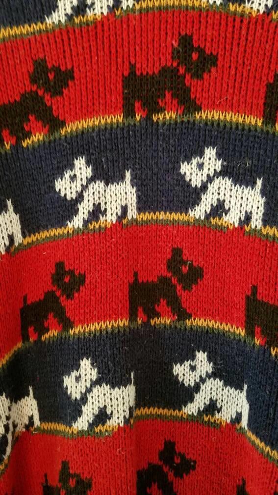 Designer Vintage YORKIE dog sweater 1980's lace red, black, blue Size M / US 6-8 / IT 42-44 - 3 Thumbnail