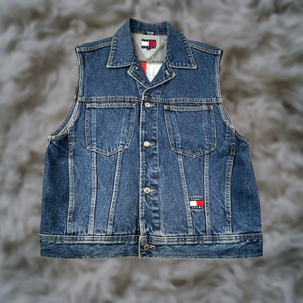 Vintage Tommy Jeans Vest Mens 1XL Blue Denim Trucker Sleeveless Jacket Big Logo 90s, Men's (Size 36)