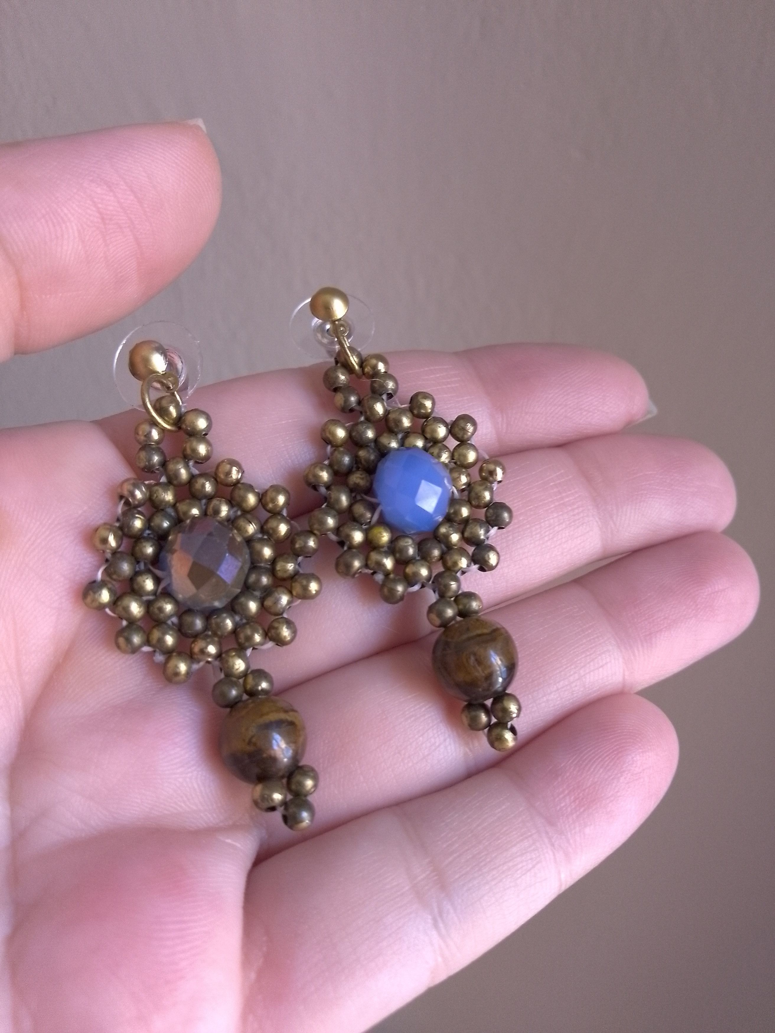 Handmade Earring brass Natural eye of tiger gemstones&crystal Size ONE SIZE - 5 Thumbnail