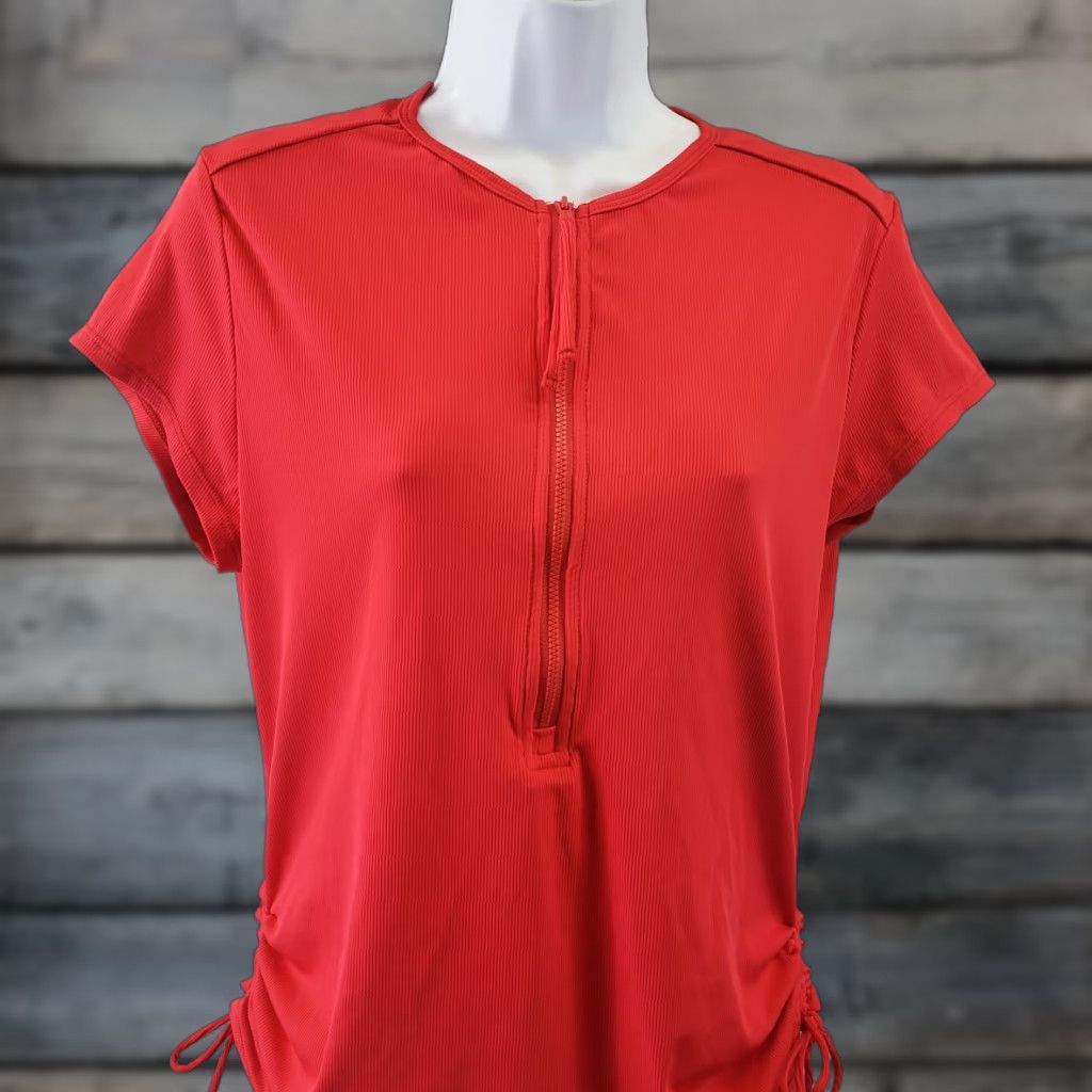 Vintage Carve Designs Womens Ribbed 1/2 Zip Top Sz L Red Short Sleeve Ruched Sides T-Shirt Baseball 1/2 Zip Size L / US 10 / IT 46 - 1 Thumbnail