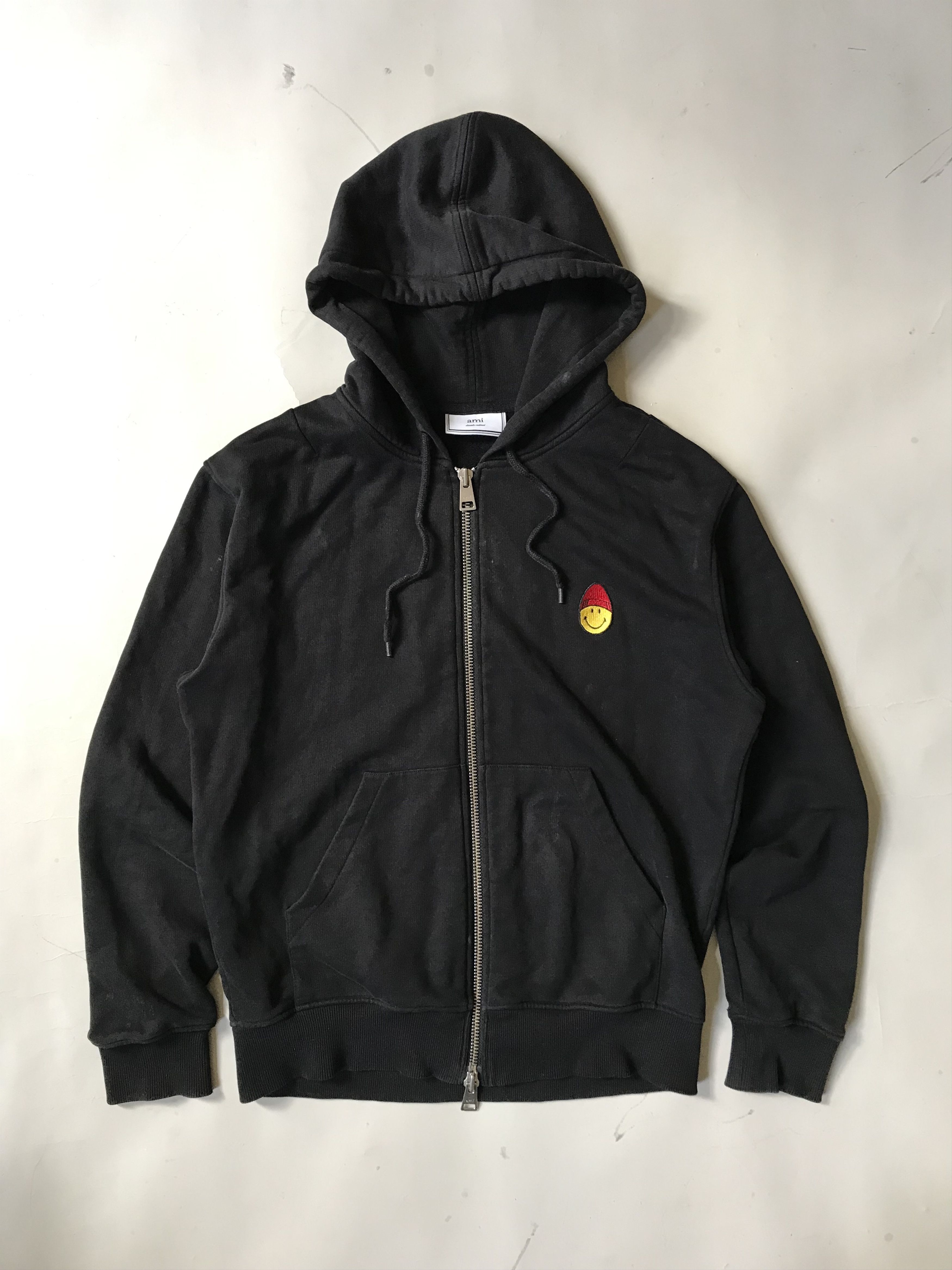 image of Ami Paris Smiley Black Zip Up Hoodie, Men's (Size Large)