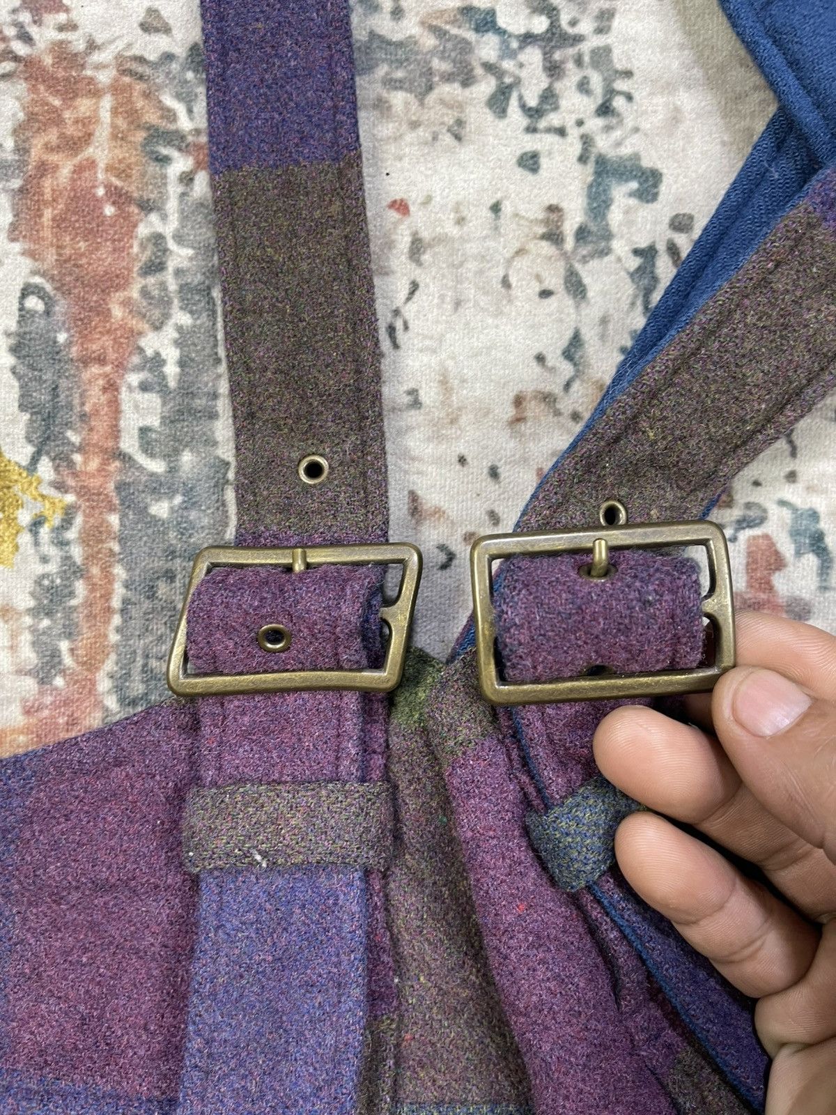 Japanese Brand Vintage Boho Patchwork Plaid Wide Leg Wool Dungaree Size US 30 / EU 46 - 9 Thumbnail