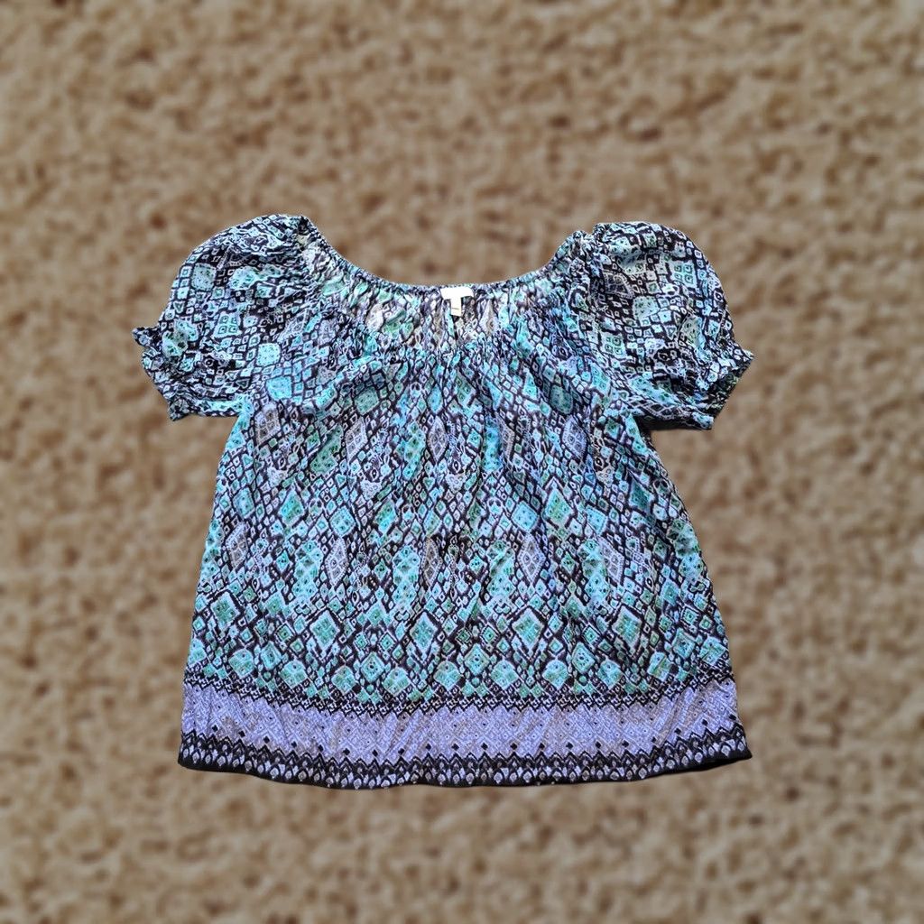 Joie Joie Top Women Size S Blue Purple Silk Geometric Classic Peasant Boho Casual Puff Sleeve Short Sleeve Pullover Blouse Womens Size S / US 4 / IT 40 - 1 Thumbnail