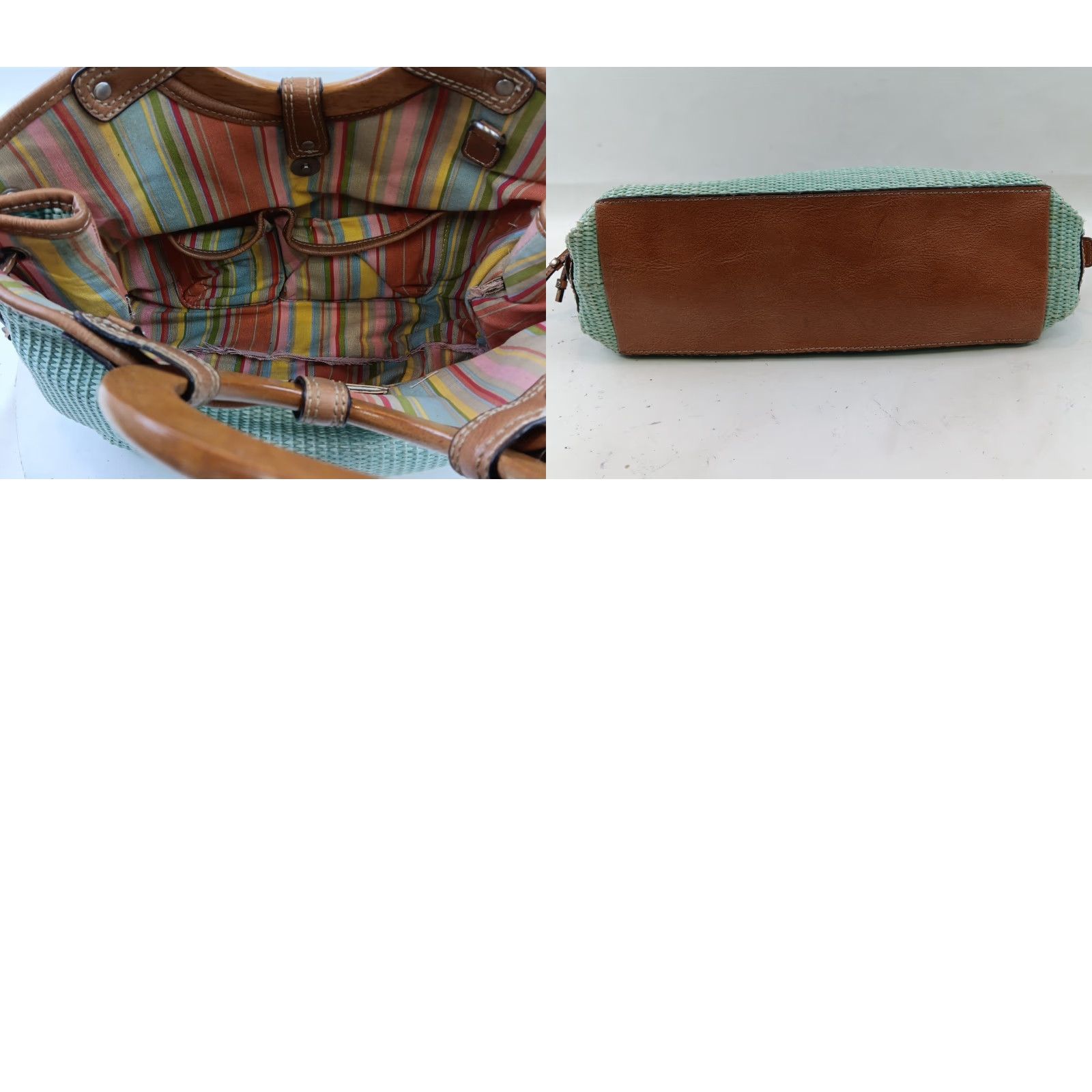 Fossil Fossil Wicker Woven Handbag Satchel Seafoam Green Leather Trim Wooden Handles Size ONE SIZE - 10 Thumbnail