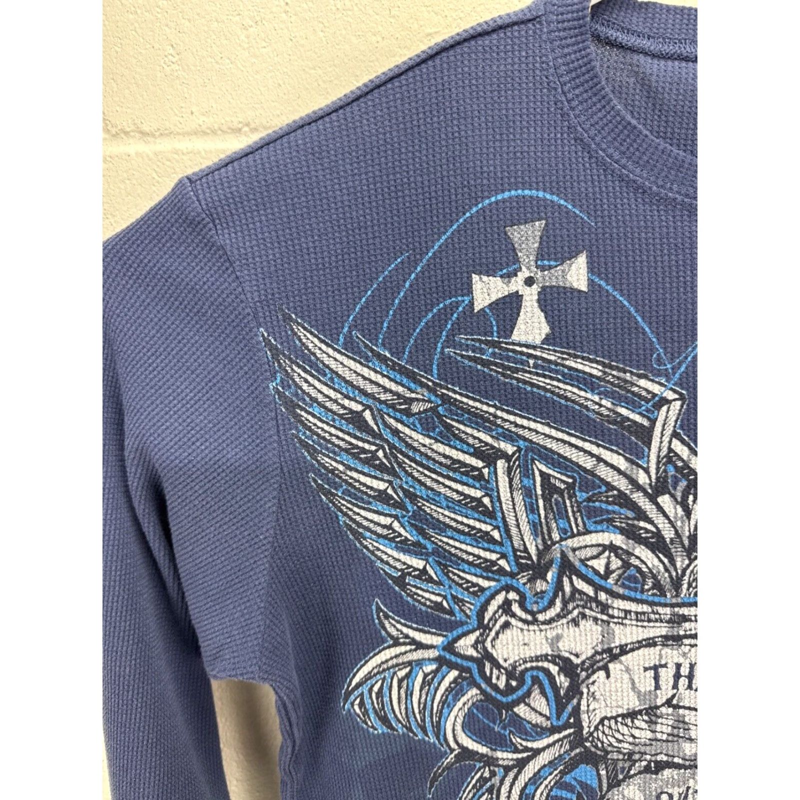 Affliction VINTAGE 2000s Waffle Knit T-Shirt Men Large Blue Graphic Print Gothic Punk Motorcycle Rock Horror Retro Biker Military Casual Size US L / EU 52-54 / 3 - 4 Thumbnail