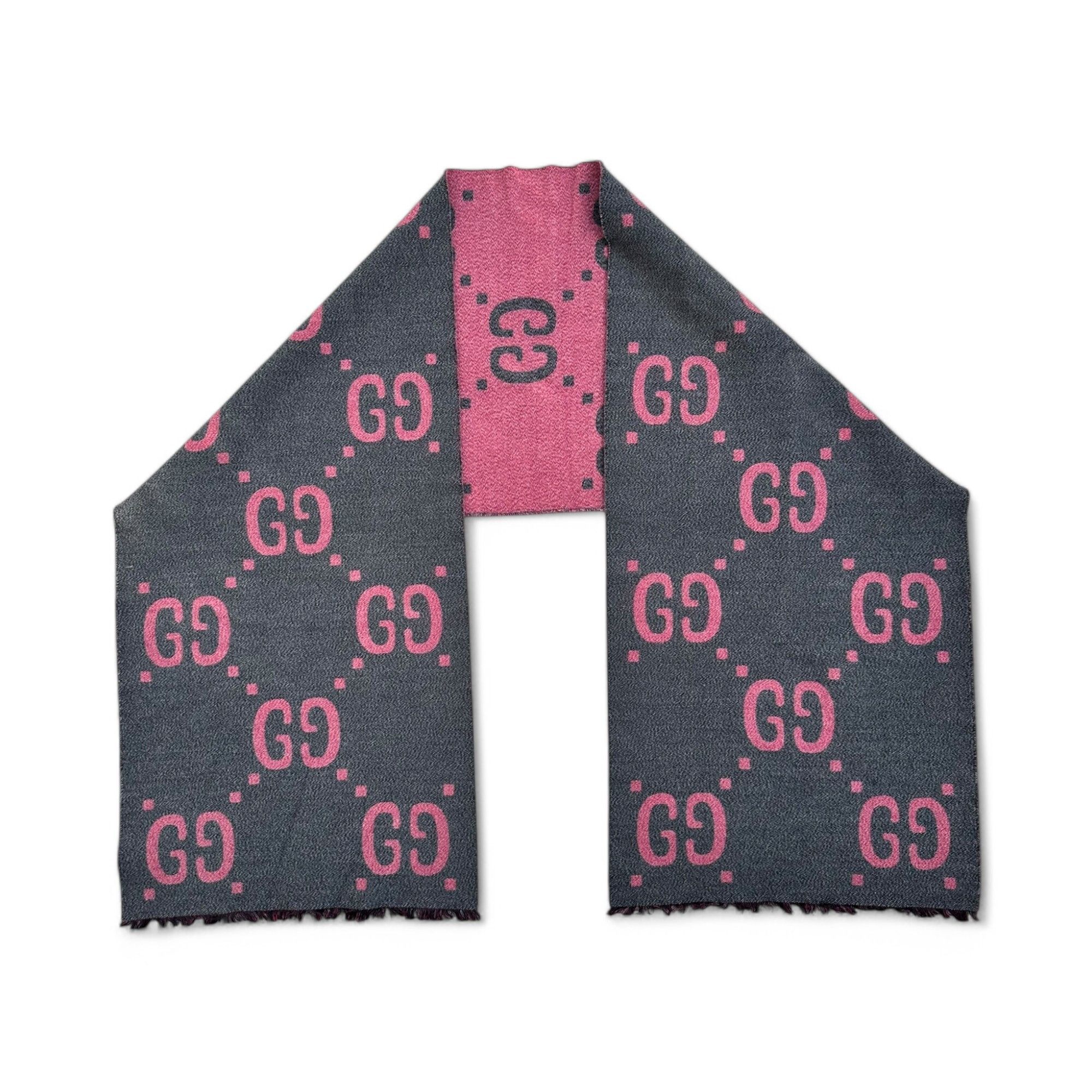 Gucci Gucci Scarf Jacquard GG Monogram Logo Gray and Pink Wool Size ONE SIZE - 1 Thumbnail