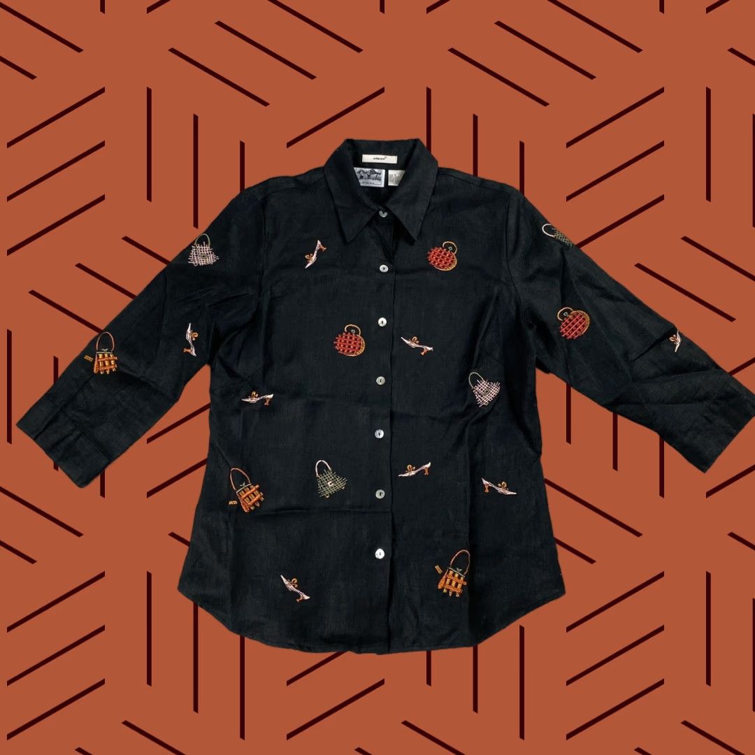 Vintage VINTAGE Edward Black Linen Button-Up Shirt Sz S, Long Sleeve, Embroidered, Classic Fit, Womens Size S / US 4 / IT 40 - 1 Thumbnail