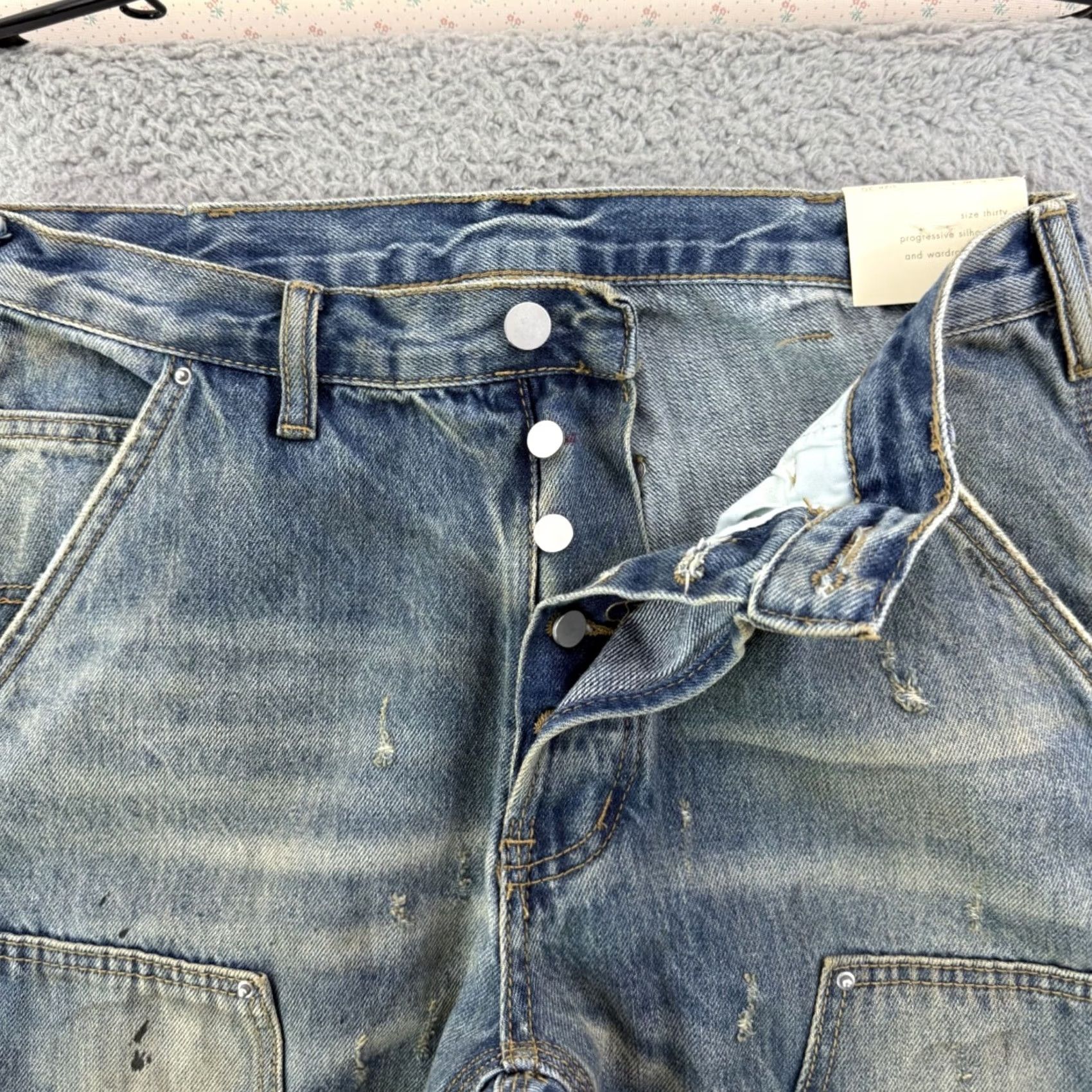 MNML MNML Jeans Mens 30x32 Blue Denim Distressed Grunge Button Fly NWT Size US 30 / EU 46 - 4 Thumbnail