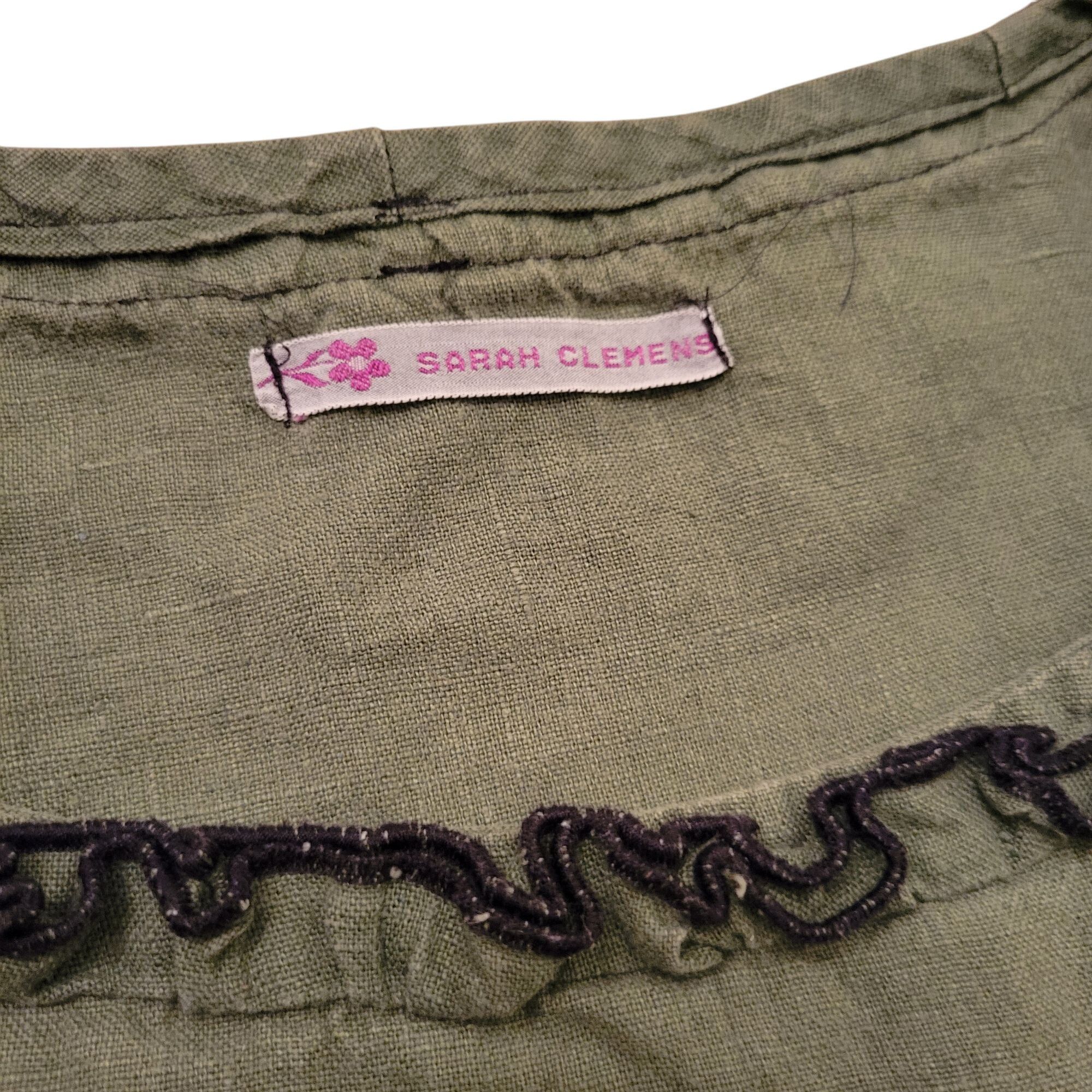 Vintage Sarah Clemens Olive Green Linen Dress Black Ruffle Trim Long Size ONE SIZE - 3 Thumbnail