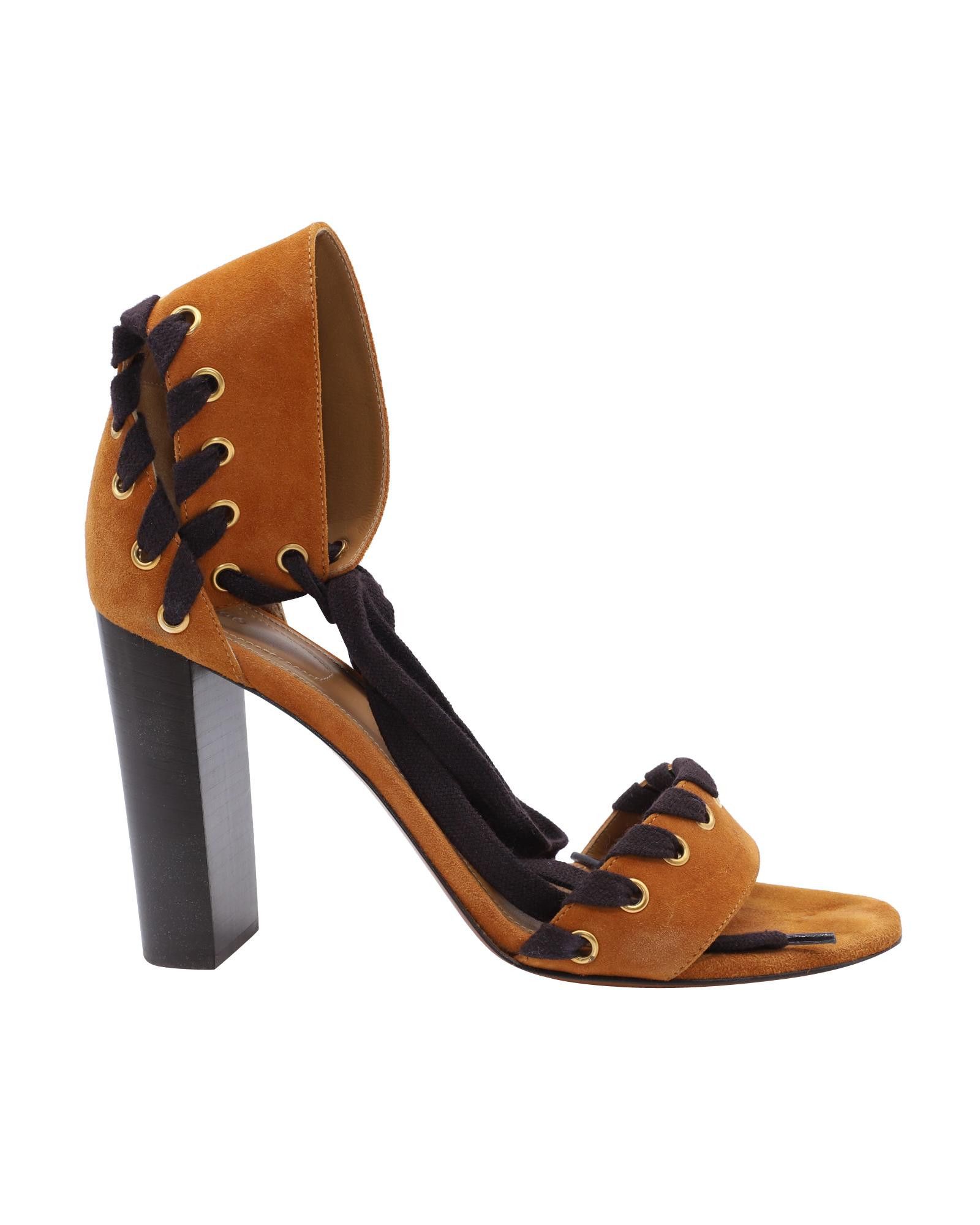 image of Chloe Lace Up Block Heel Shoes Sandals In Brown Suede, Women's (Size 11)