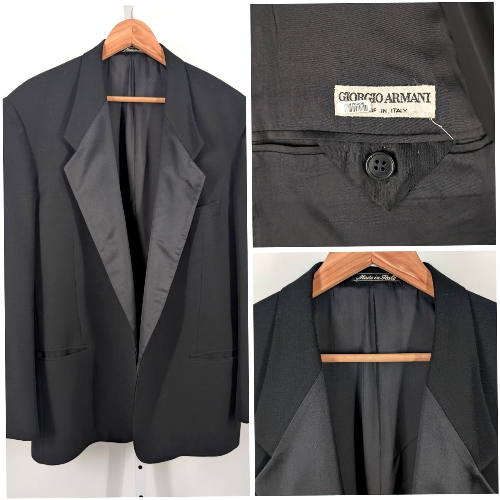 Giorgio Armani VINTAGE Giorgio Armani Blazer Tuxedo Jacket Men's 44 Black Wool Silk 1990s Wedding Formal 2-Button One-Button Deep Lapel Italy Size 44R - 2 Thumbnail