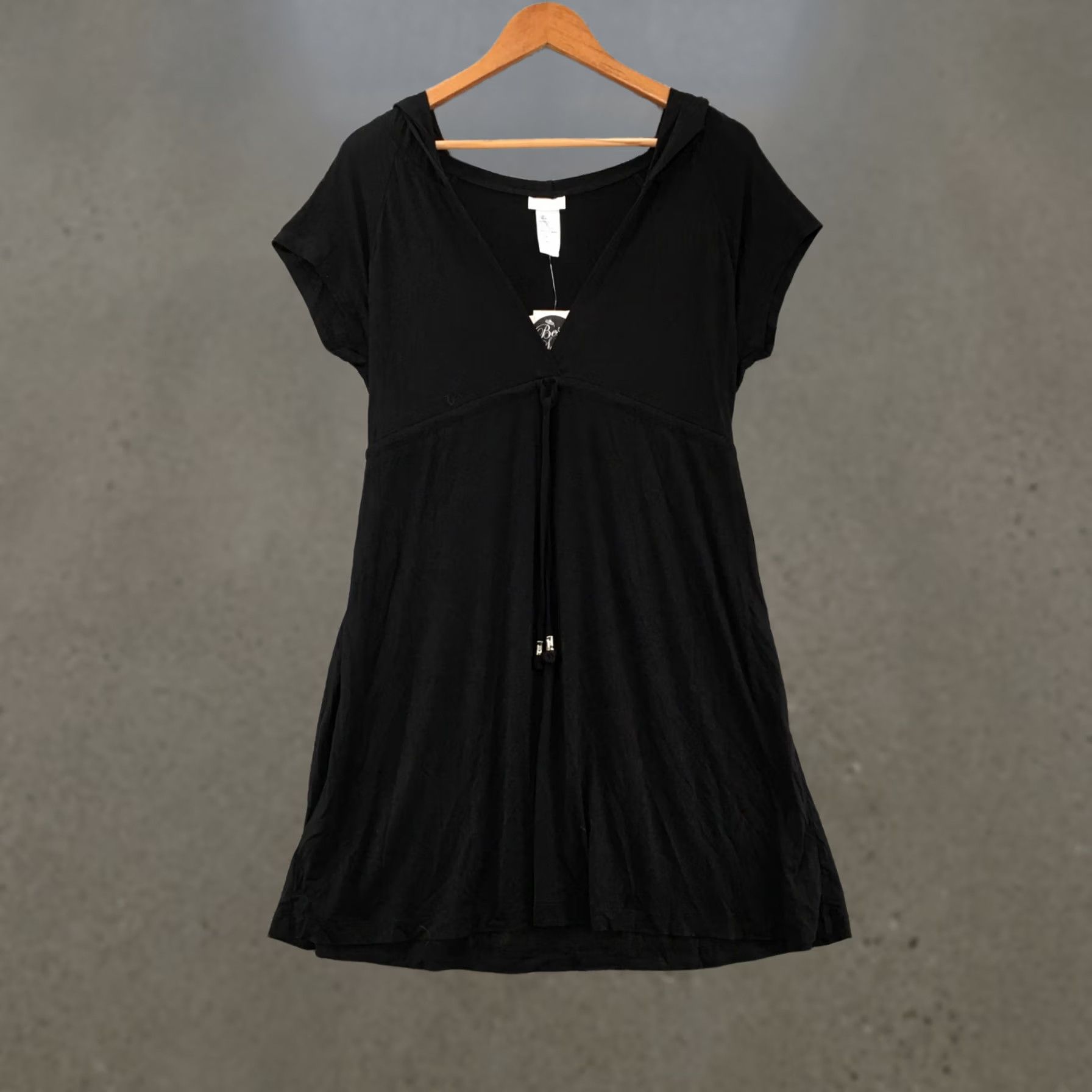 Vintage Dotti Empire Hoodie Dress Womens M Black V Solid C Neck Cap Sleeve Hooded Casual Size M / US 6-8 / IT 42-44 - 1 Thumbnail