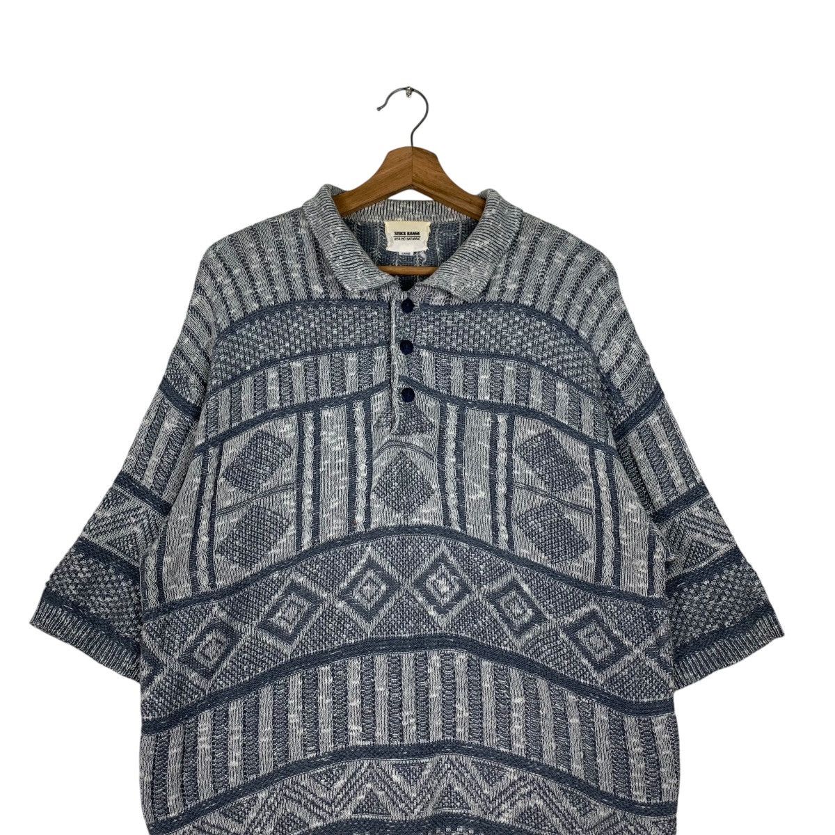 Japanese Brand STOCK RANGE Abstract Design Knitted Polo SS Jumper #1186-C54 Size US L / EU 52-54 / 3 - 5 Thumbnail