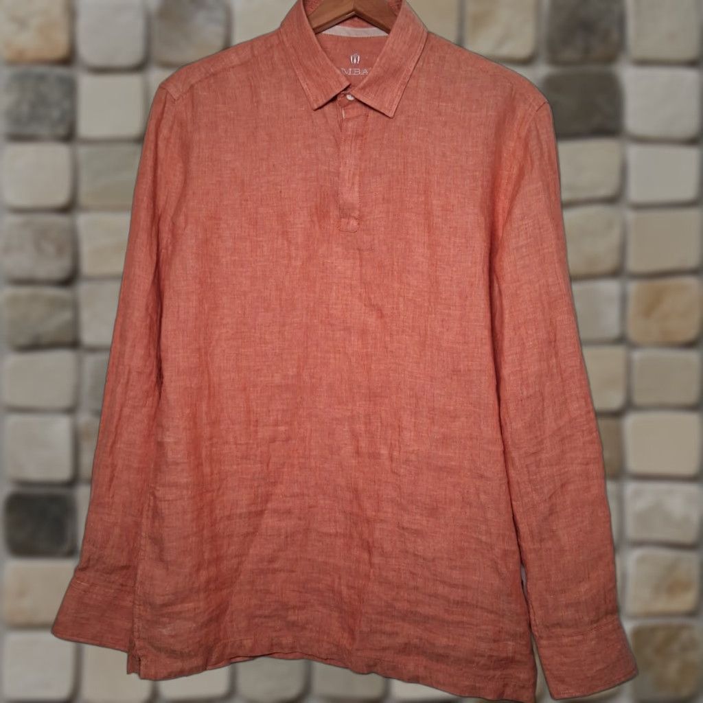 Vintage Lombard Linen Shirt Men 40cm Salmon Orange Button Up Long Sleeve Collared Casual Workwear Size US M / EU 48-50 / 2 - 1 Thumbnail