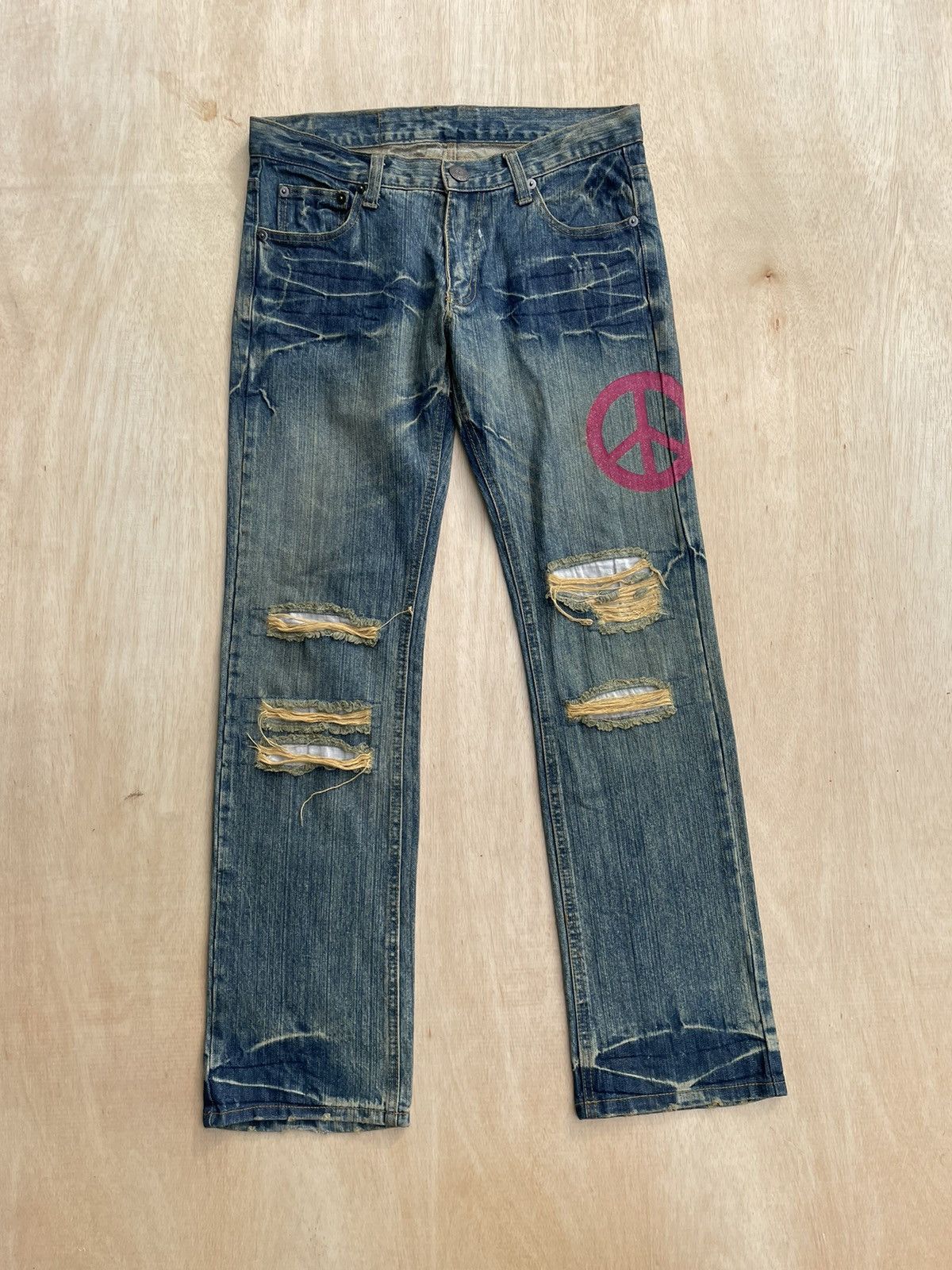 If Six Was Nine × Japanese Brand Distressed Denim Peace Jeans Size US 33 - 3 Thumbnail