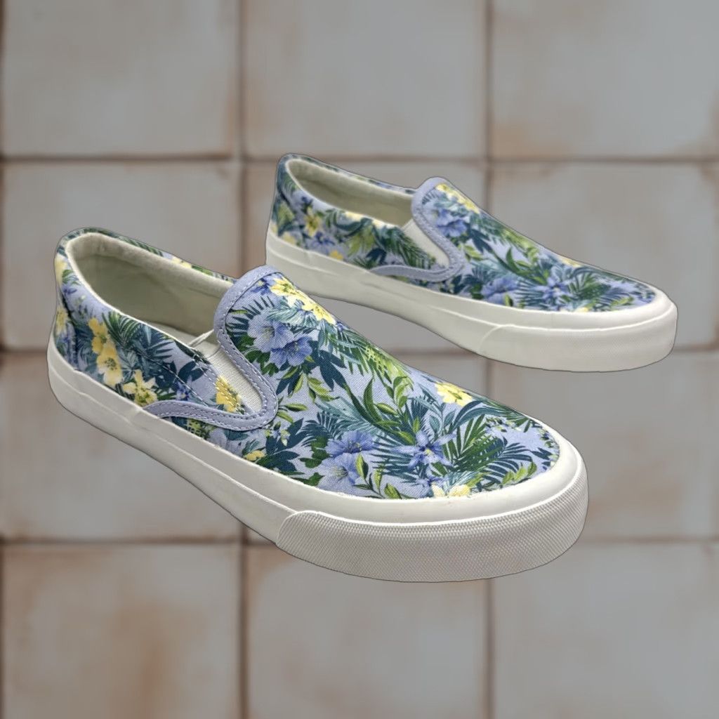 VINTAGE Tommy Bahama Sneakers Tropical Floral Slip On Women's 8 Blue Green Yellow Fabric Casual Shoes