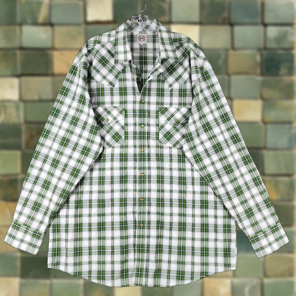 Vintage Cinch Plaid Button-Up Shirt Mens Long Sleeve Snap Closure Green White Size XL Size US XL / EU 56 / 4 - 1 Thumbnail