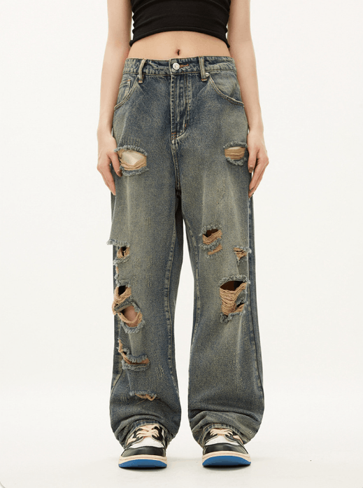 Japanese Brand × Jean Street men's hiphop straight street ripped beggar jeans Size US 32 / EU 48 - 1 Thumbnail