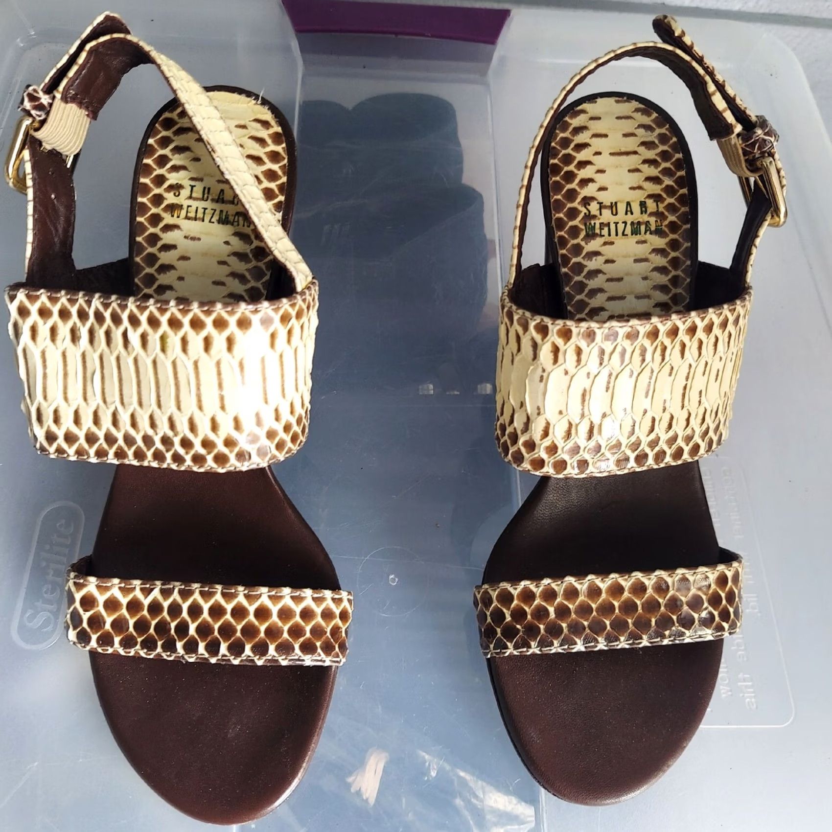 Stuart Weitzman Stuart Weitzman Snake Print Leather Chunky Heels Sandals Size 5.5 M Women Leather Slingback Beige Brown, Straps, High Heel, Vintage No Size US 6 / IT 36 - 3 Thumbnail