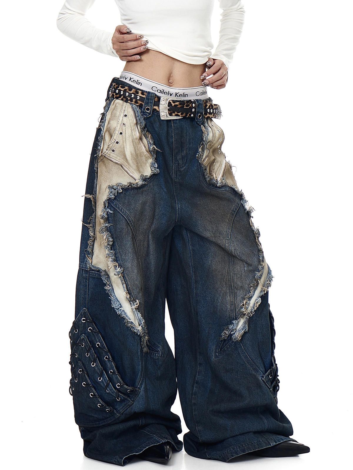 Jean Patchwork Distressed Wide Leg Denim Jeans, Baggy Fit Size US 32 / EU 48 - 3 Thumbnail