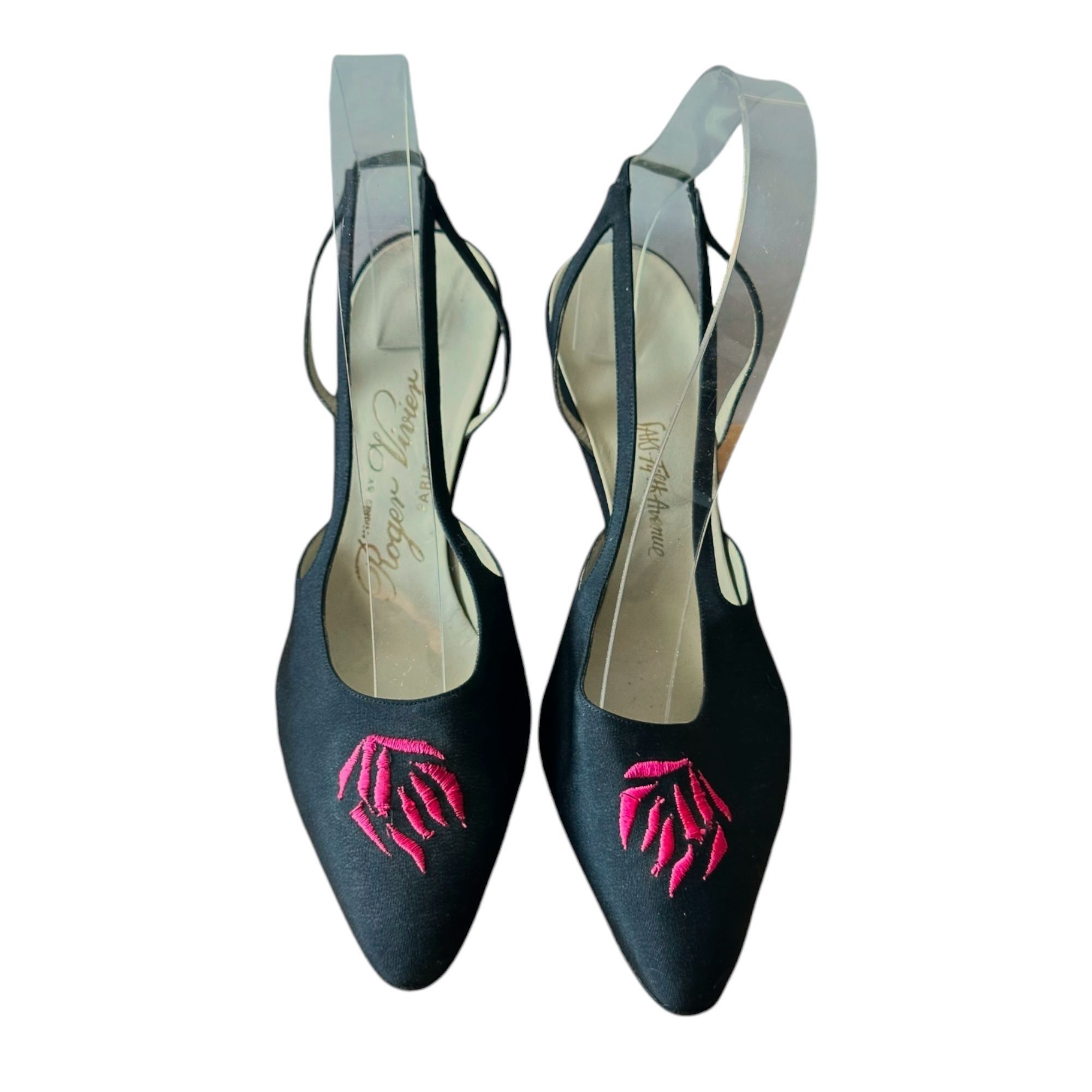 Roger Vivier × Vintage Roger Vivier Black Fabric Embroidered Sling Back Pumps, Vint Size US 7.5 / IT 37.5 - 3 Thumbnail