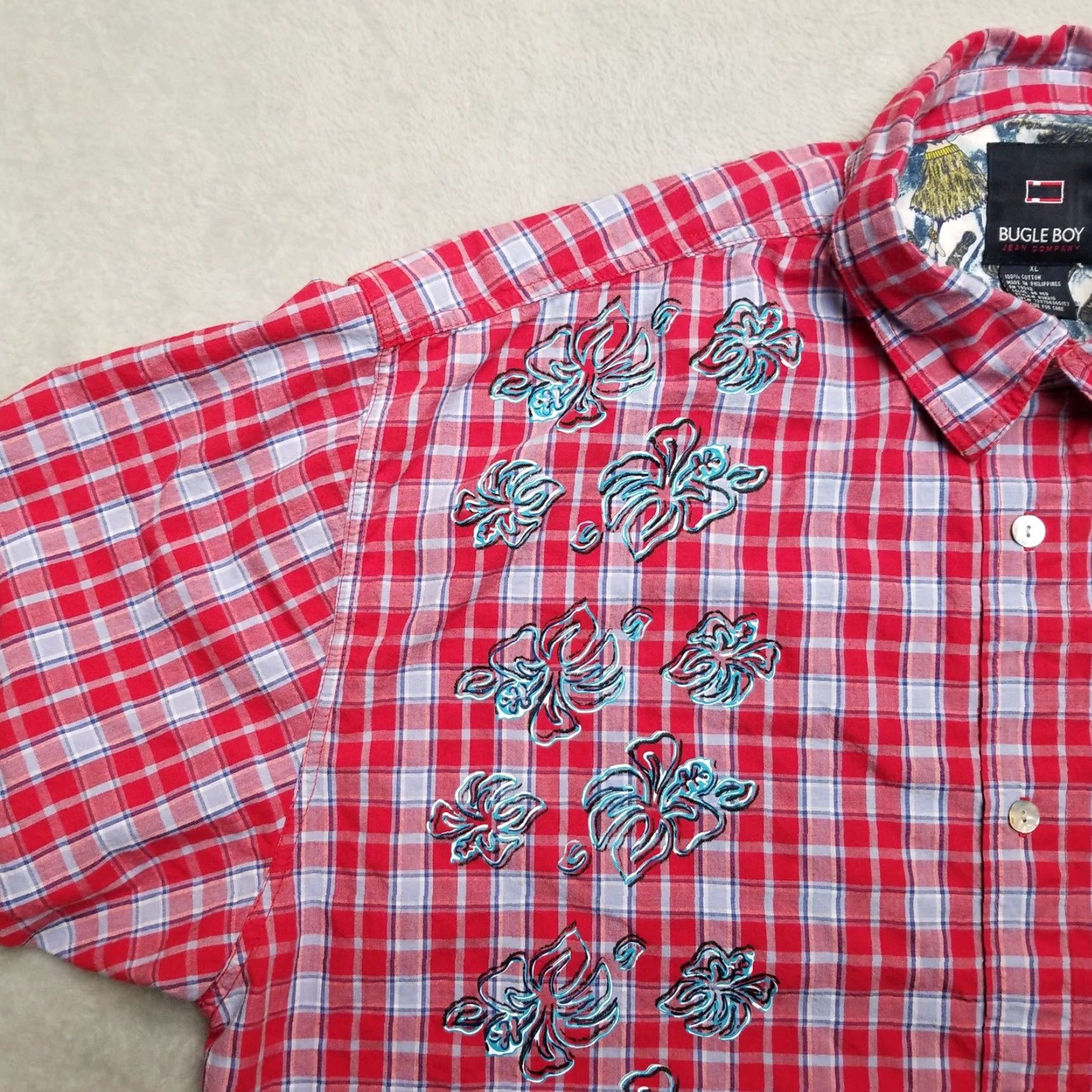 Bugle Boy Vintage Bugle Boy Shirt Men XL Red Blue Plaid 100% Cotton Pocket Button-Up Short Sleeve Denim/ Woven MENS Size US XL / EU 56 / 4 - 6 Thumbnail