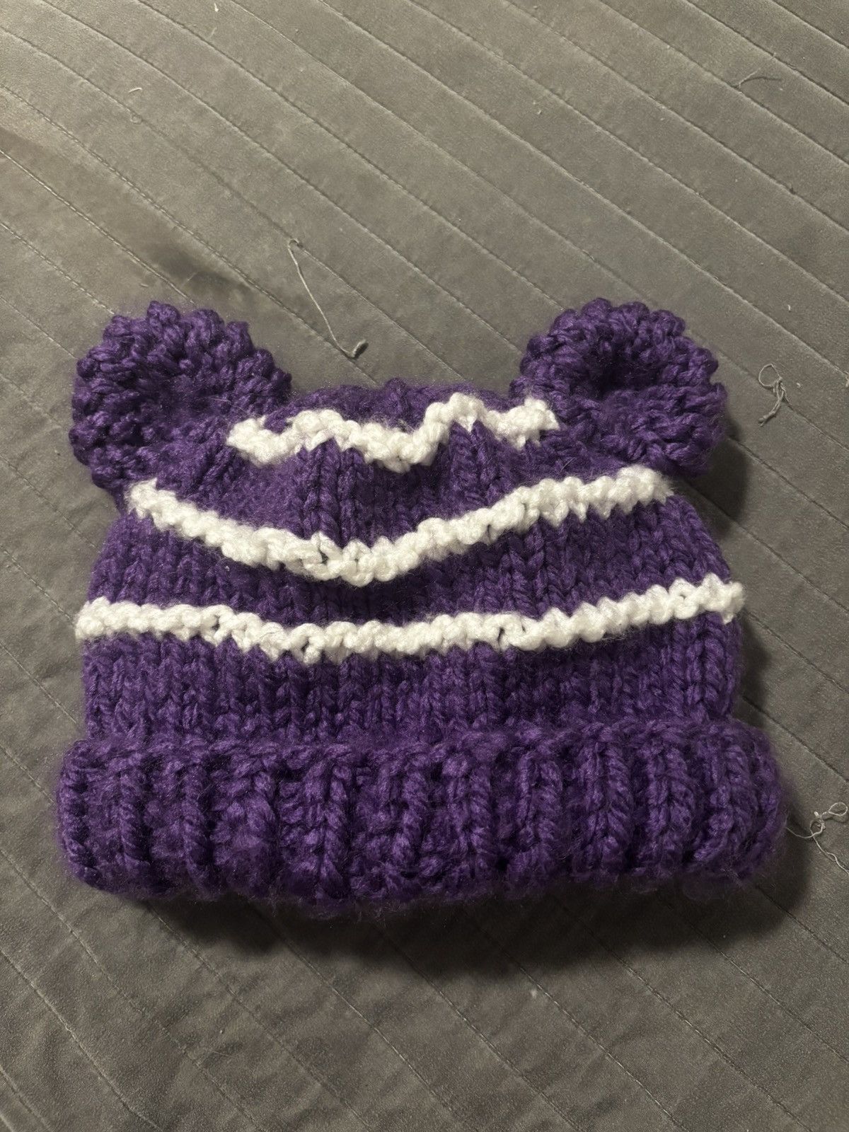 Handmade Knit Purple and White Bear Ear Beanie Size ONE SIZE - 1 Thumbnail