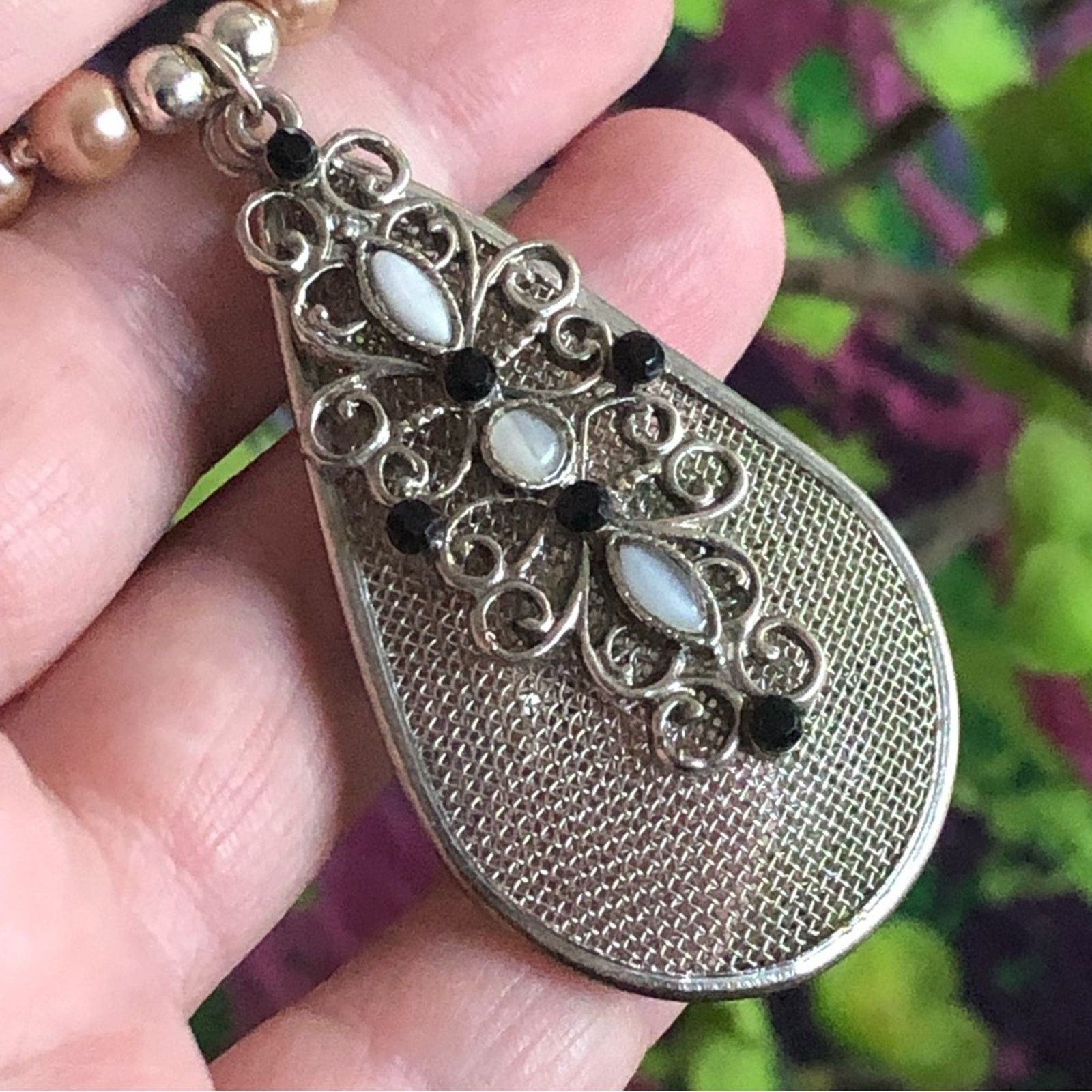 Handmade Handcrafted repurpose stone filigree Pearl necklace Size ONE SIZE - 9 Thumbnail